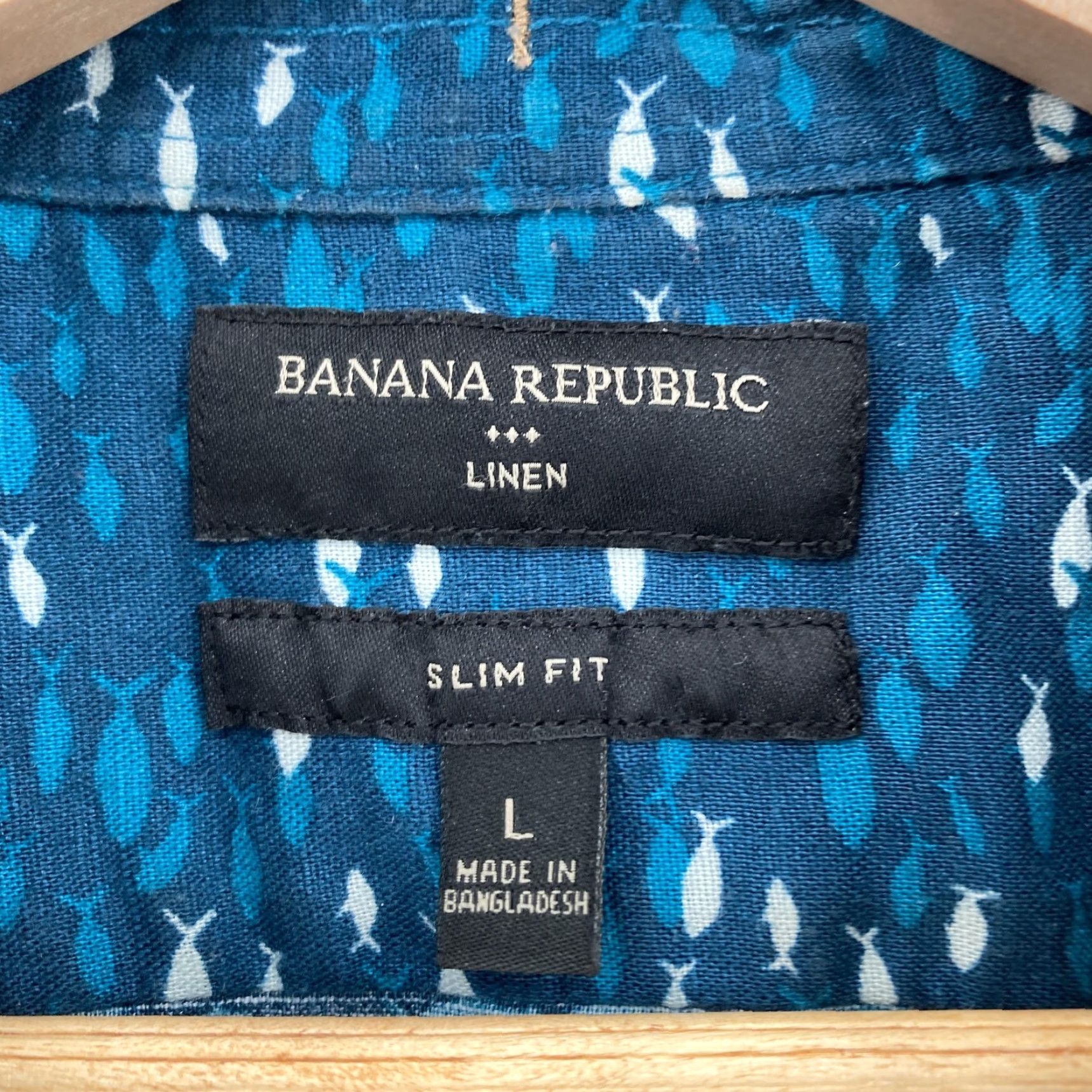 Banana Republic Banana Republic Shirt Mens Large Blue Fish Pattern Linen Short Sleeve Slim Fit Size US L / EU 52-54 / 3 - 4 Thumbnail