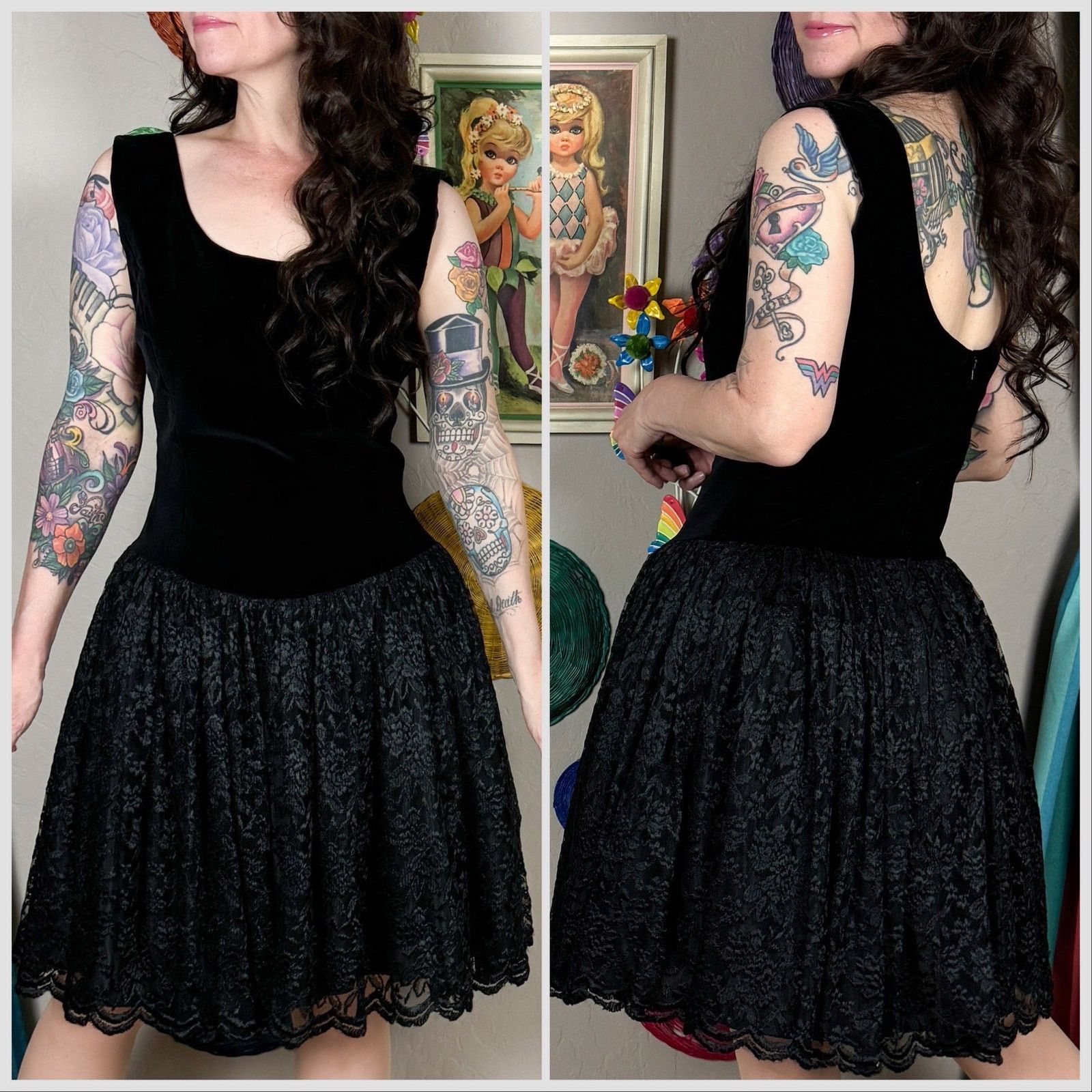 Vintage 1990s Black Velvet and Lace Sleeveless Fit and Flare Dress Size S / US 4 / IT 40 - 3 Thumbnail