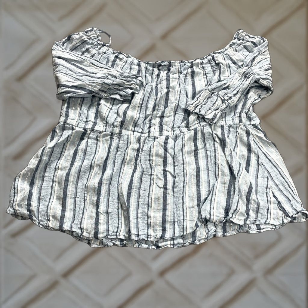 Vintage VINTAGE Lane Bryant Blouse Women Plus Size 20 Short Sleeve Linen Rayon Striped Off Shoulder Casual Top Blue Size 3XL / US 20-22 - 1 Thumbnail