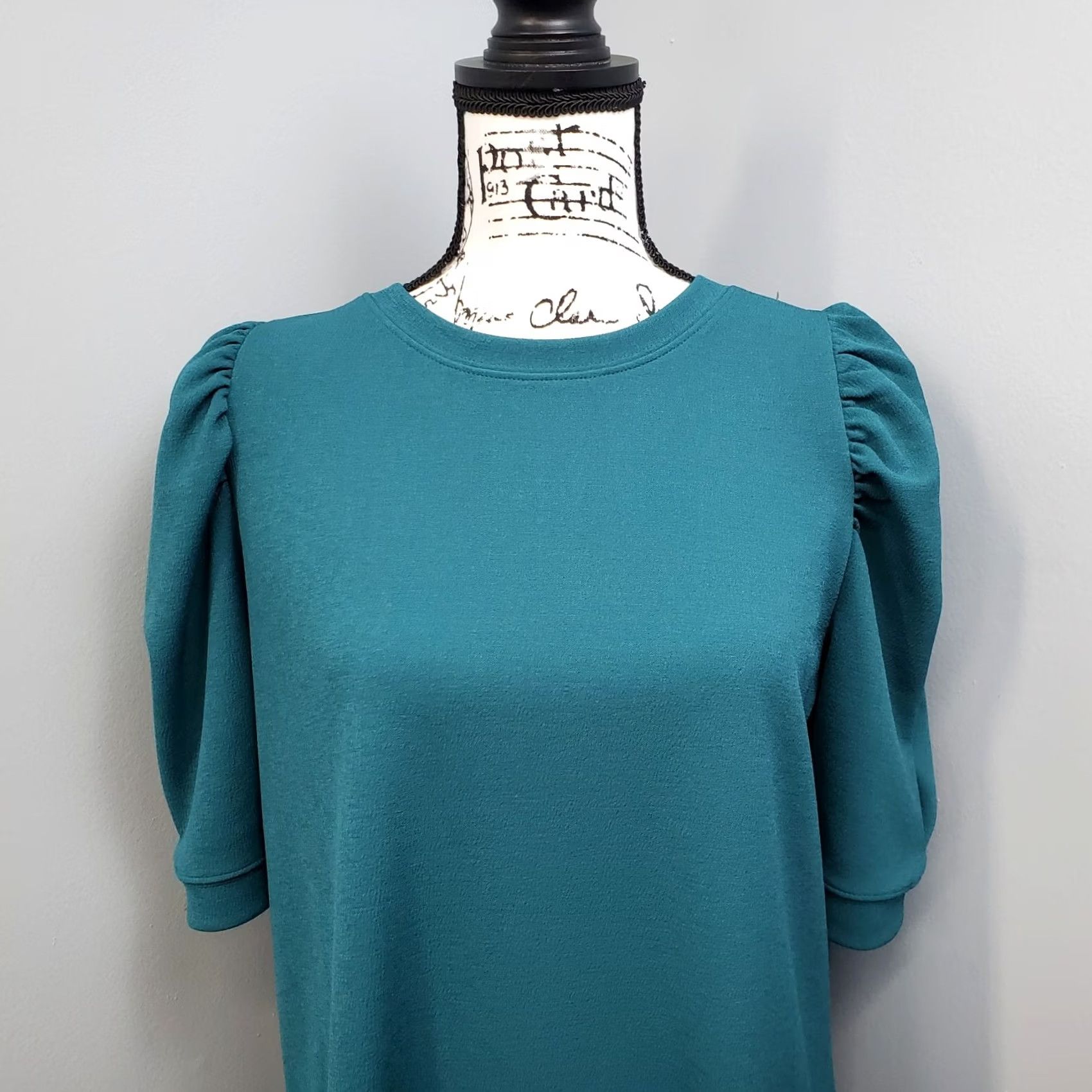 Zara Zara Womens Teal Solid Sheath Dress Size M Puff Sleeve Round Neck Pullover Midi Casual Size M / US 6-8 / IT 42-44 - 3 Thumbnail