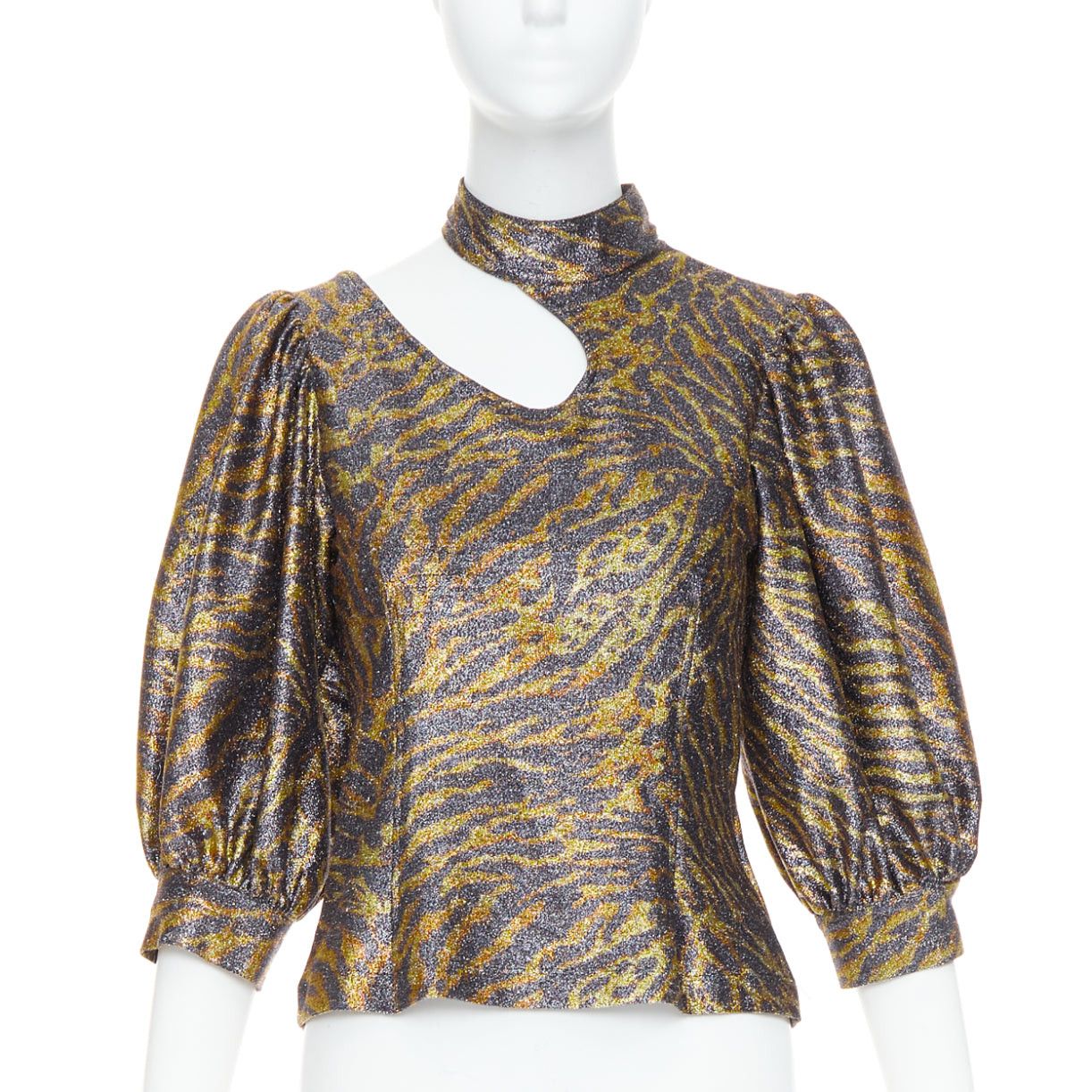 Ganni GANNI gold metallic tiger lurex lame puff sleeve cut out top FR36 S Size S / US 4 / IT 40 - 1 Thumbnail