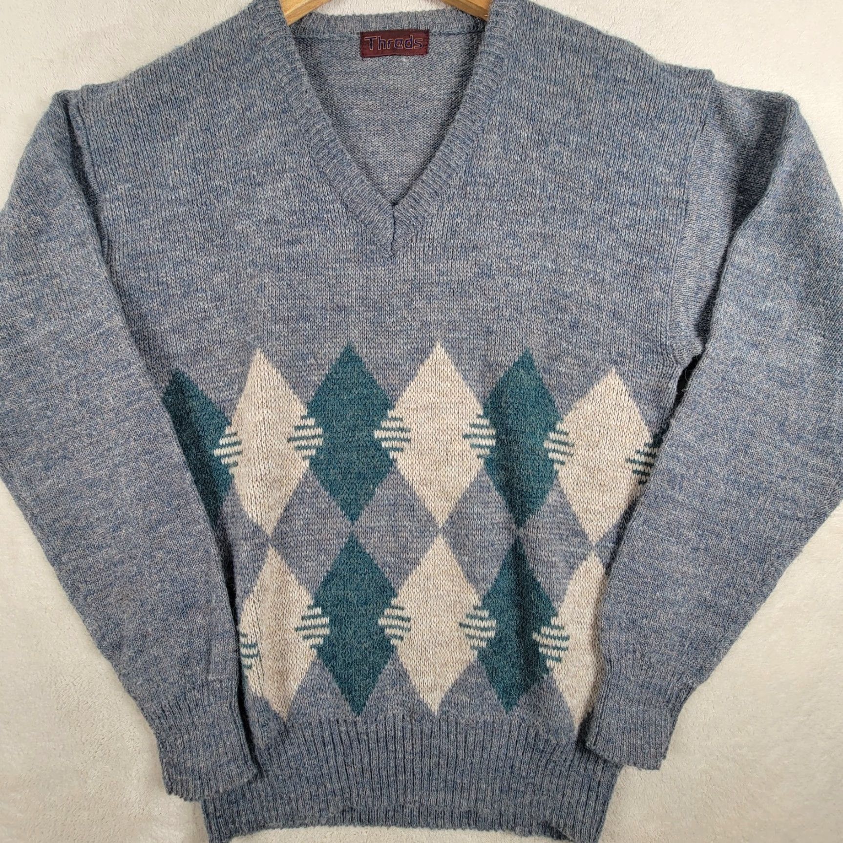 Vintage VINTAGE Threds Sweater Cardigan V-Neck Argyle Diamond Pattern Men M Blue Gray 90s Preppy Classic All Seasons Size US M / EU 48-50 / 2 - 2 Thumbnail