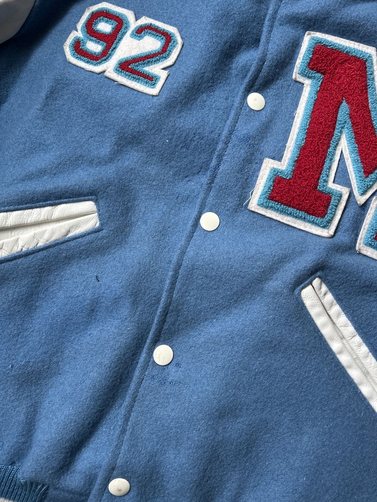 Delong × Vintage Vintage 90s DeLong Light Blue Wool Leather Varsity Jacket Size US M / EU 48-50 / 2 - 3 Thumbnail