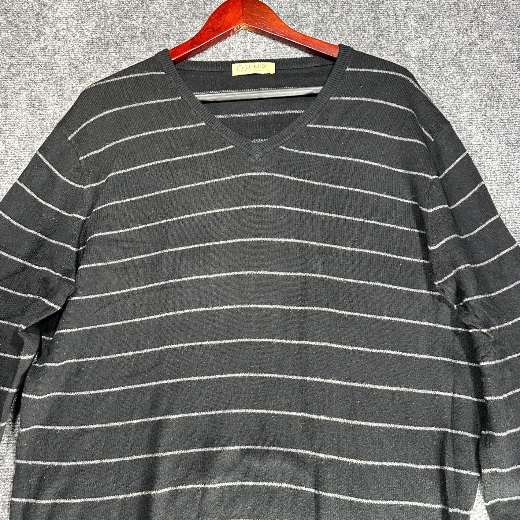 J.Crew J.CREW Sweater Mens L Black Gray Stripe V Neck Long Sleeve Cotton Cashmere Ribbed Cuffs Pullover Knitted Knit Cardigan? Size US L / EU 52-54 / 3 - 3 Thumbnail