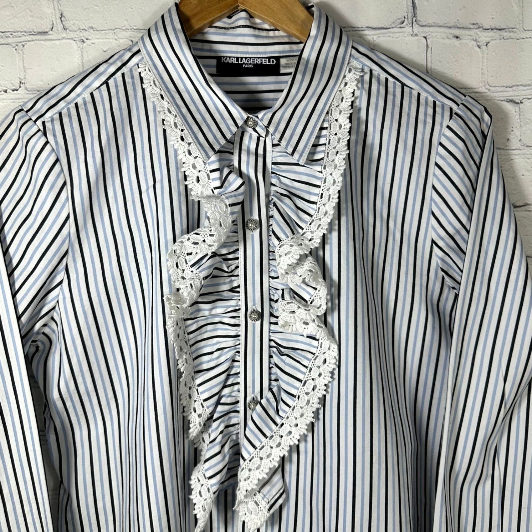 Karl Lagerfeld Karl Lagerfeld Paris Womens Blouse Shirt Blue Striped Ruffle Lace Front Button 100% Cotton Size M / US 6-8 / IT 42-44 - 2 Thumbnail