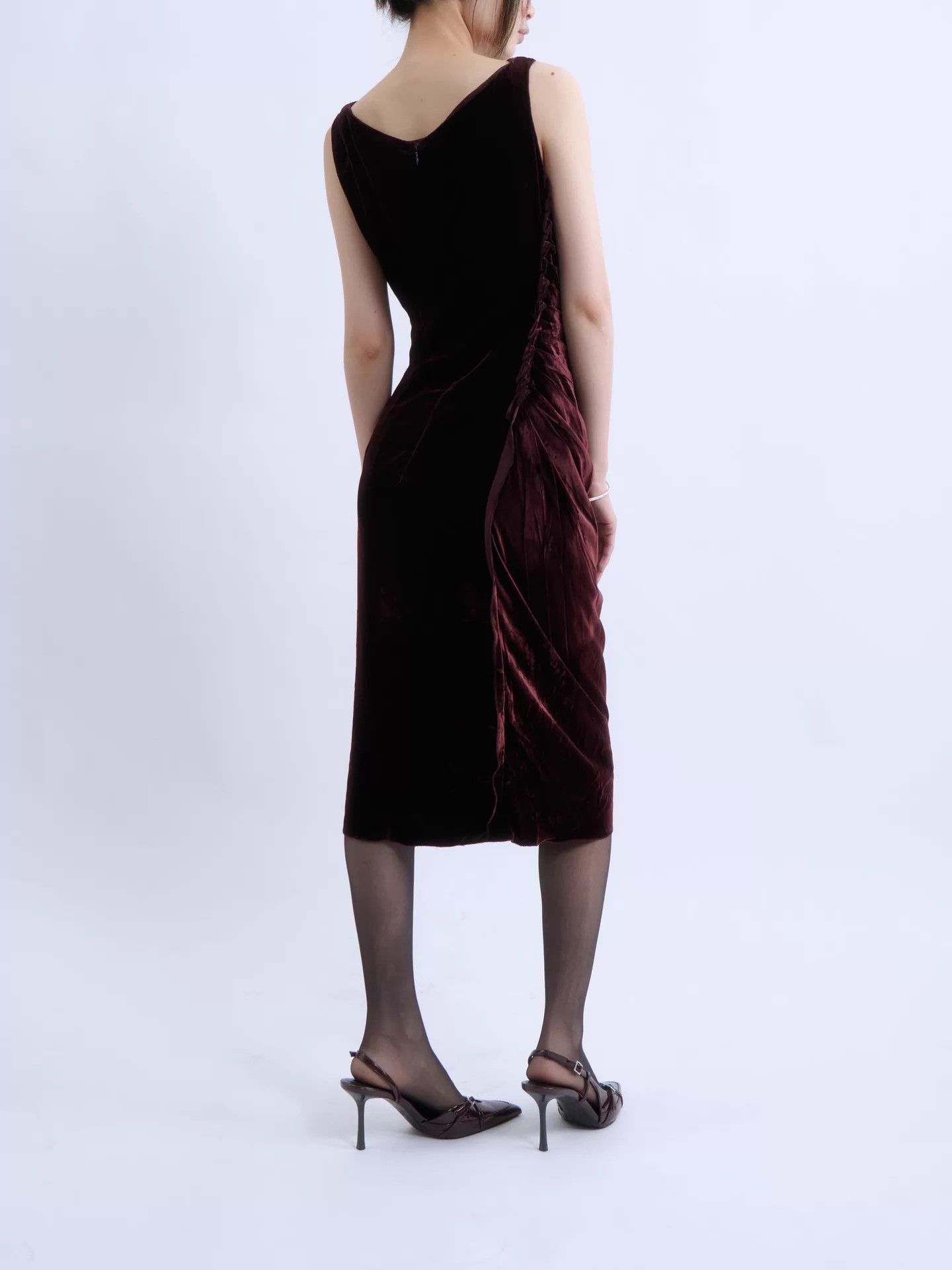 Prada PRADA Wine Red Velvet Asymmetric Pleated Dress Size S / US 4 / IT 40 - 6 Thumbnail
