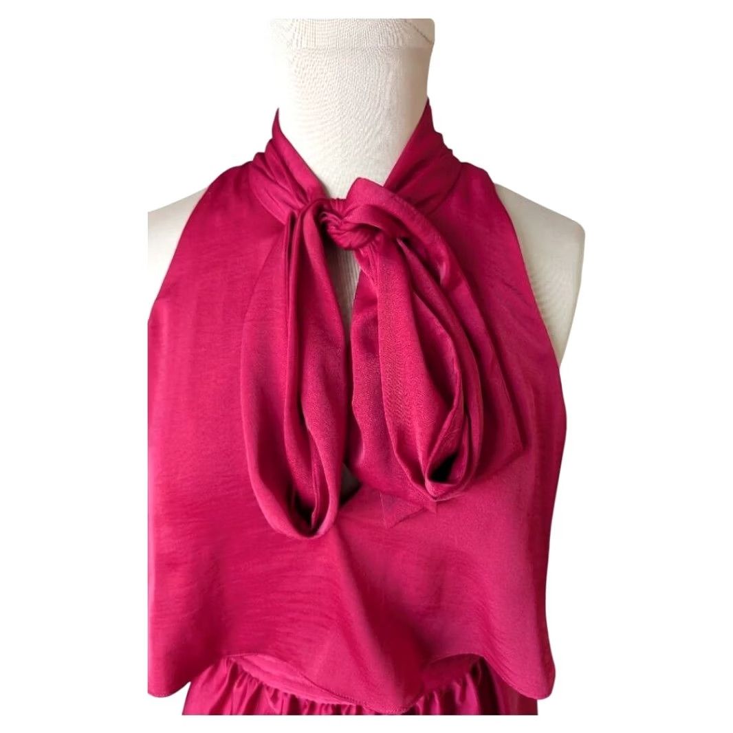 Bcbgmaxazria BCBGMAXAZRIA Blouse Halter Sleeveless Satin Pink Peplum Bow Tie Neck Womens M Size M / US 6-8 / IT 42-44 - 6 Thumbnail
