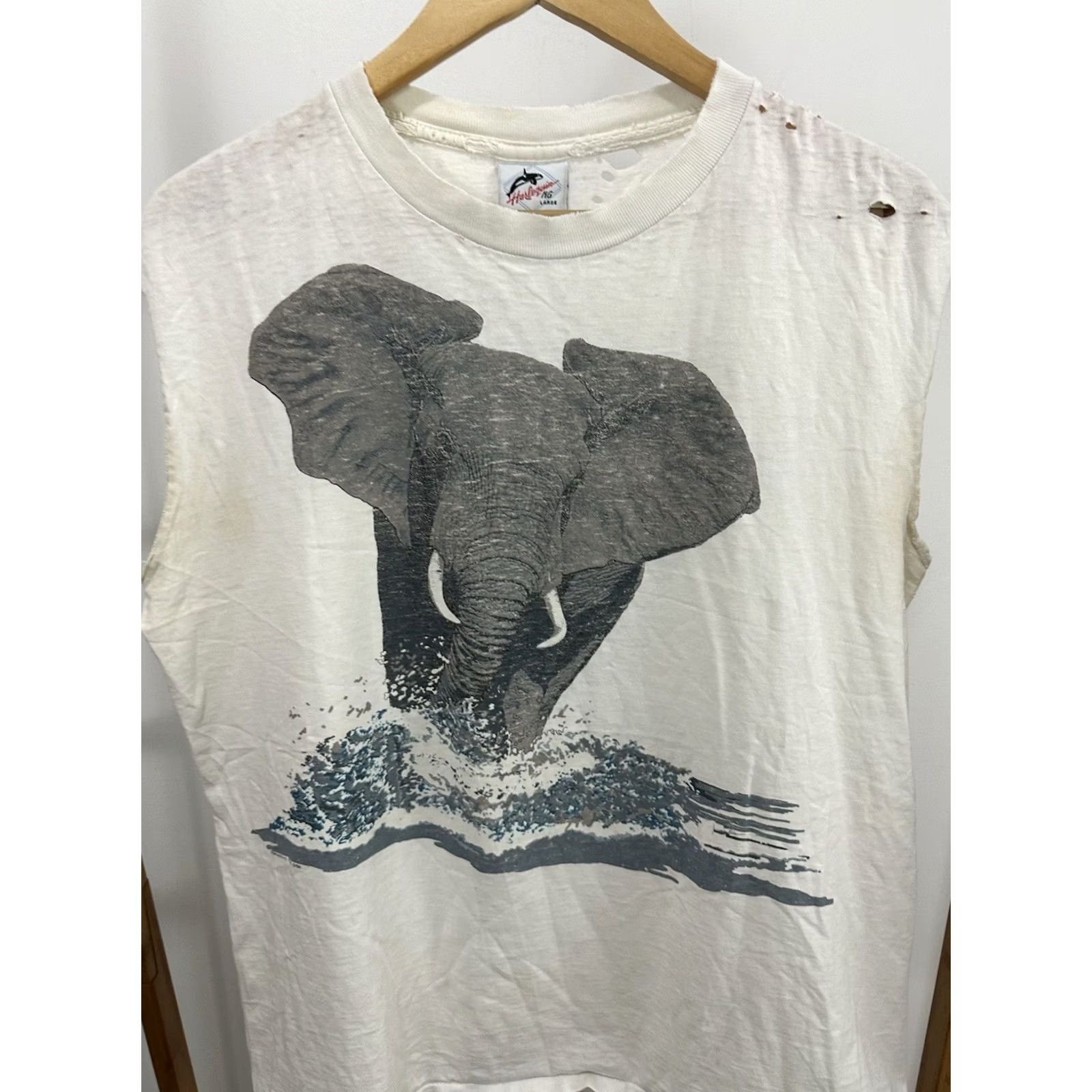 Doublet VTG 90s Harlequin T-Shirt Big Print Elephant Cotton Cream L Mens Distressed Grunge Thrashed Worn Cotton Shirt Size US L / EU 52-54 / 3 - 3 Thumbnail