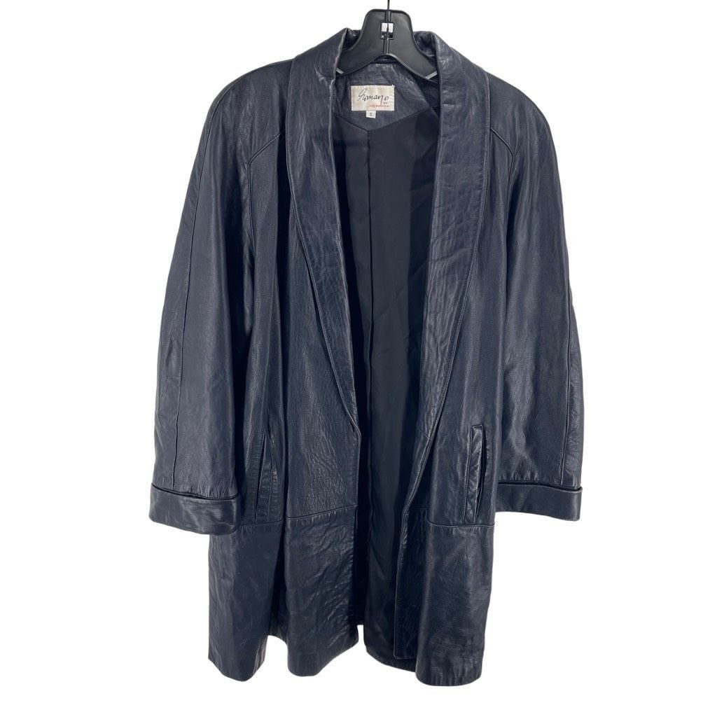 Romano Women’s Shawl Collar Open Front Leather Trench Coat Navy Blue Small