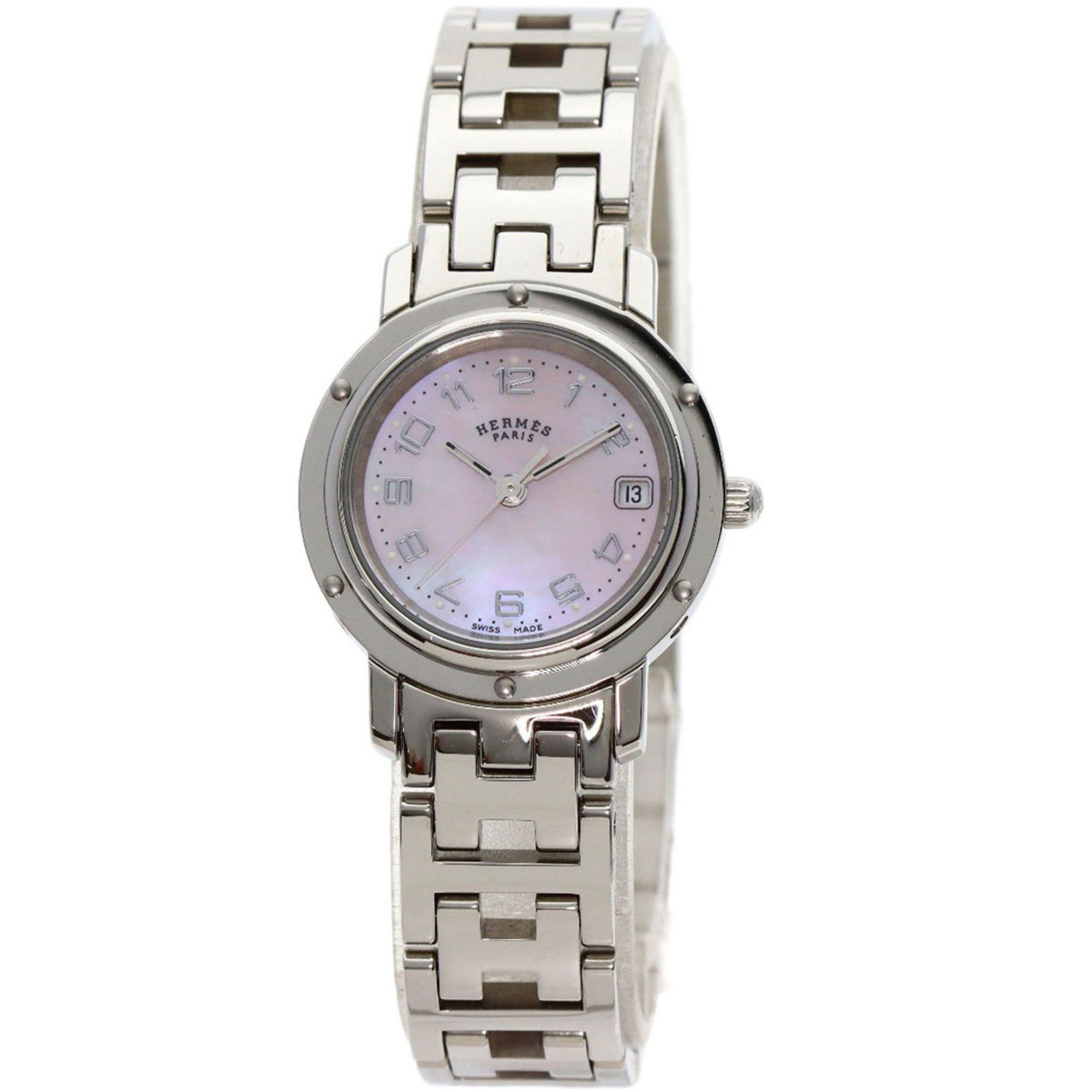 image of Hermes Cl4.210 Clipper Nacre New Buckle Watch Stainless Steel/ss Ladies Hermes in Pink Shell, Women