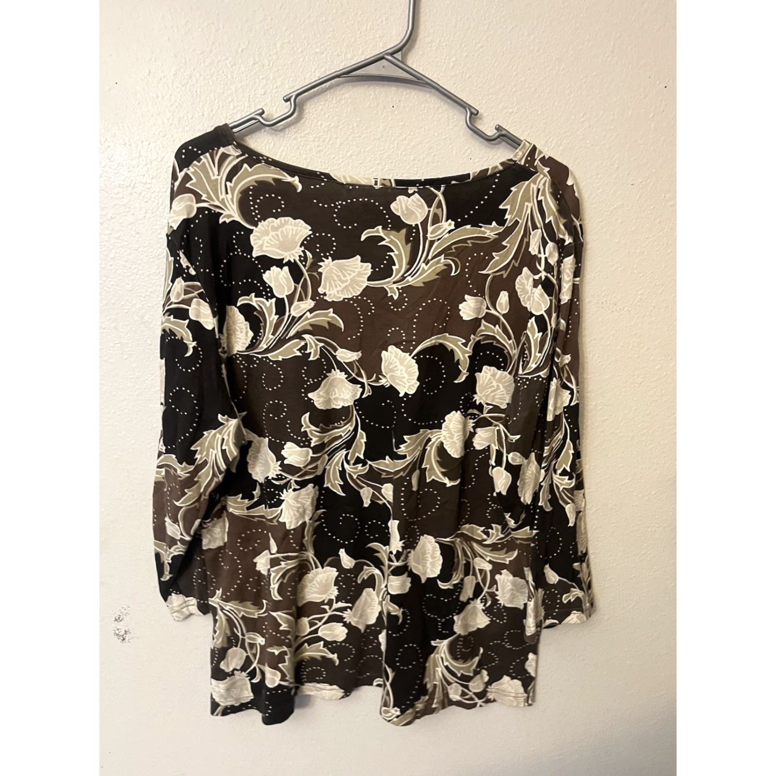 Vintage Karen Scott Brown White Cotton V-Neck 3/4 Sleeve Plus Top Size 1X Womens Size XL / US 12-14 / IT 48-50 - 2 Thumbnail