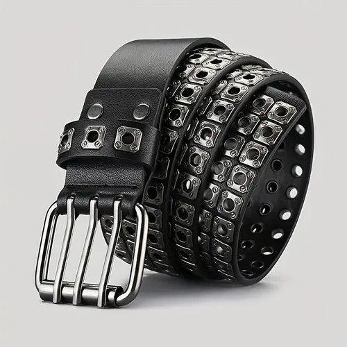 Leather × Streetwear × Vintage Black Retro Rivet Buckle Belt