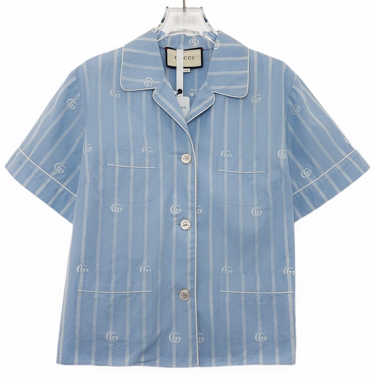 Gucci Gucci Blue and White Striped Cotton Short Sleeve Shirt K26WX Size M / US 6-8 / IT 42-44 - 1 Thumbnail
