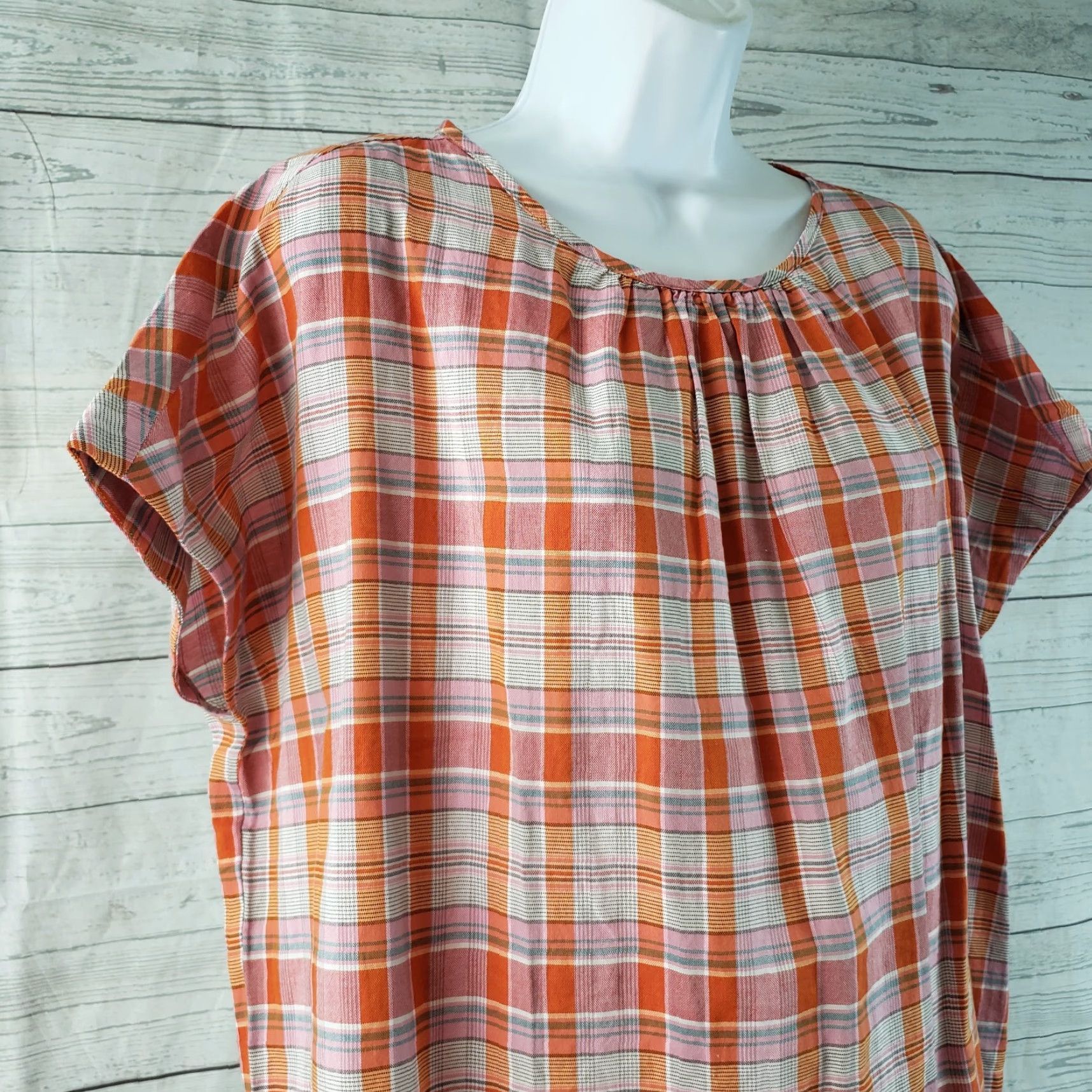 Madewell Madewell Womens Shirt XS Pink Orange Plaid Cotton Shirred Neck Boxy Top Size XS / US 0-2 / IT 36-38 - 2 Thumbnail