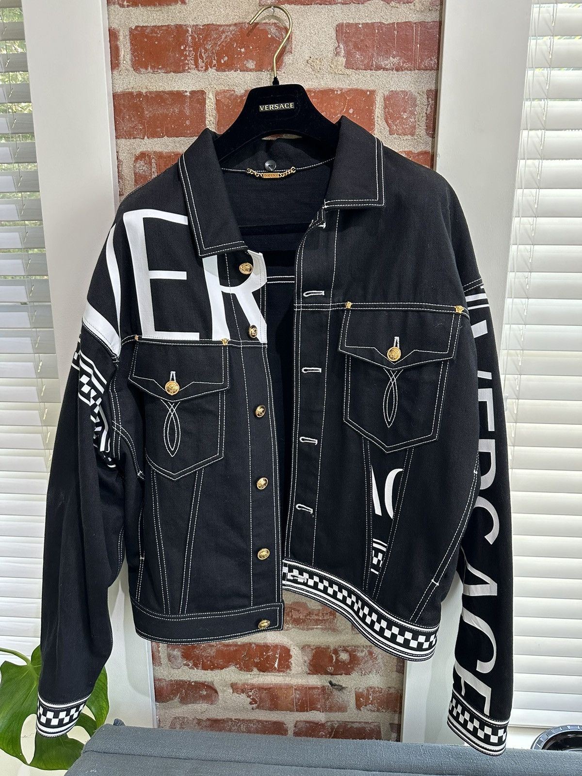image of Versace Checker Logo Black Denim Jacket, Men's (Size Medium)