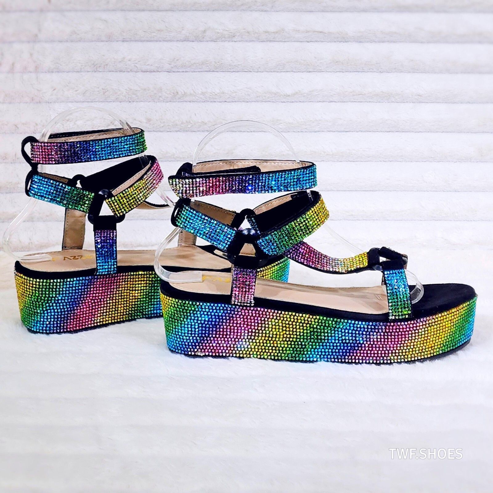Other Pazzle Black 2" Platform Harness Strap Sparkling Rainbow Rhi Size US 8 / IT 38 - 1 Thumbnail