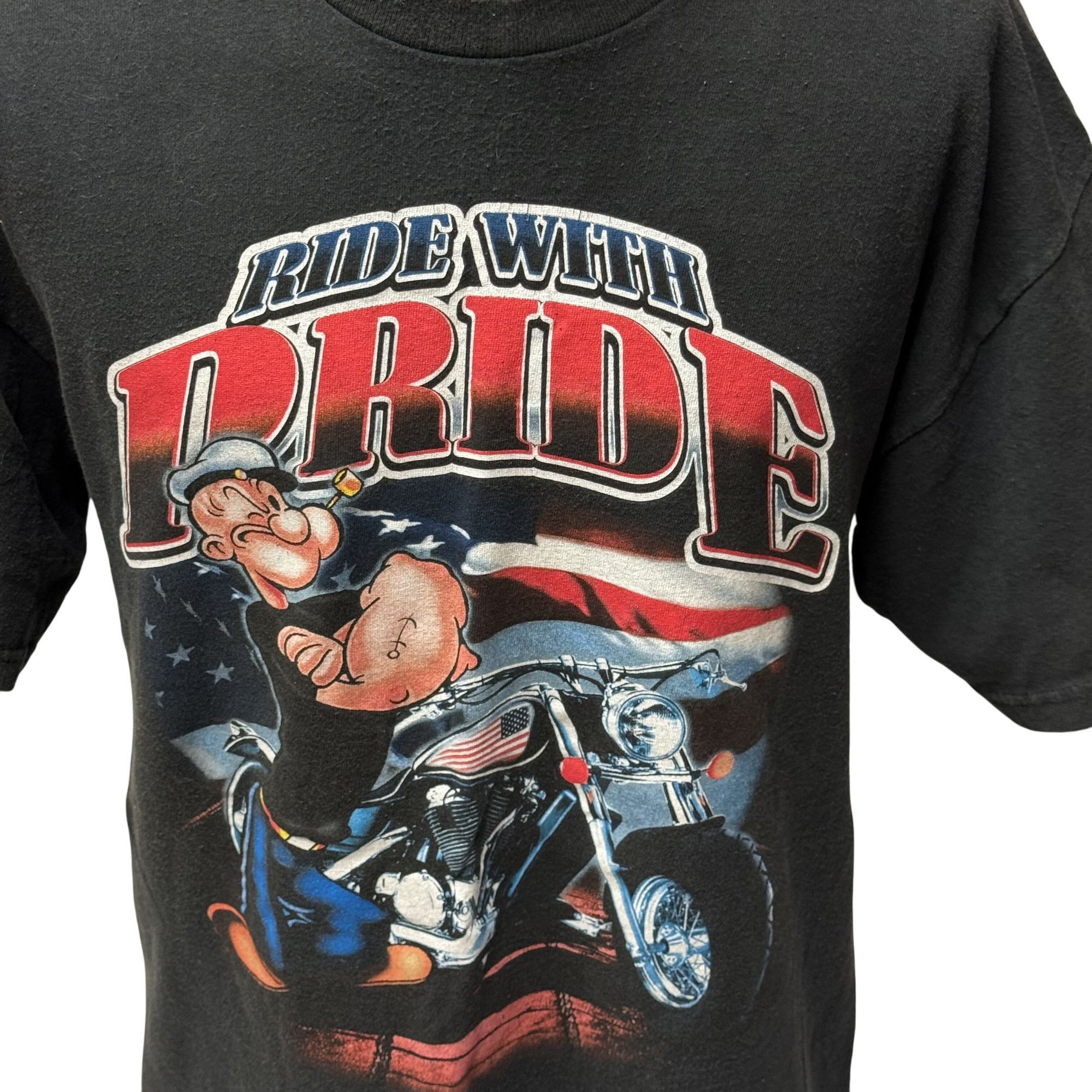 Other 90s Y2K POPEYE Ride With PRIDE USA FLAG Motorcycle Biker Tee Size US XL / EU 56 / 4 - 7 Thumbnail