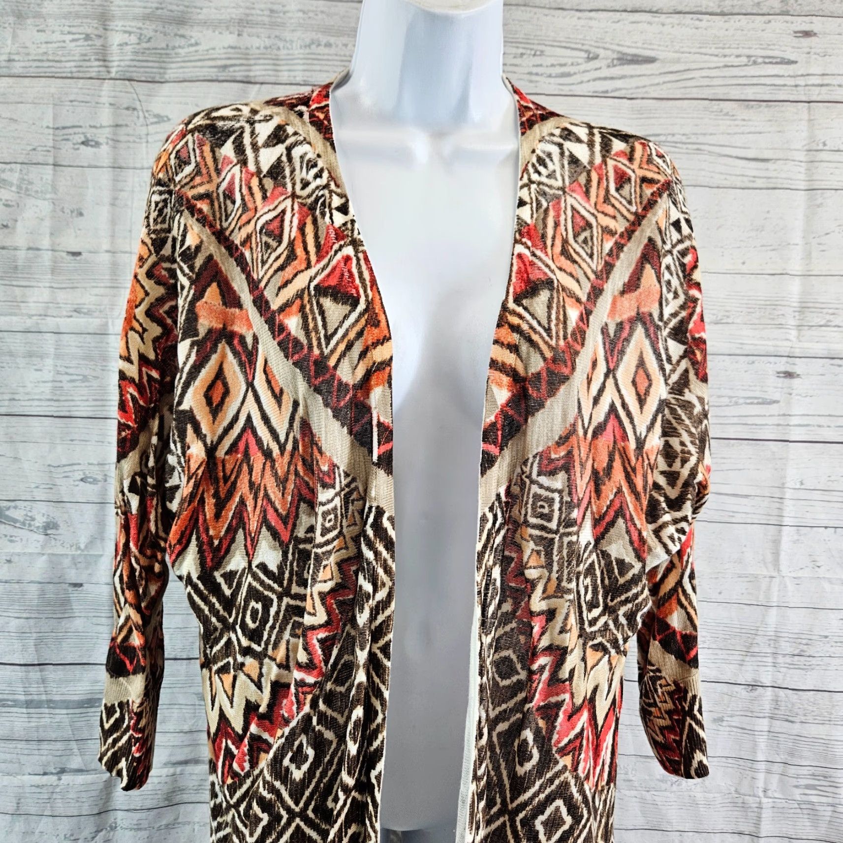 Vintage Chico's Womens Cardigan L Brown Orange 3/4 Sleeve Open Front Rayon Sweater Size L / US 10 / IT 46 - 2 Thumbnail
