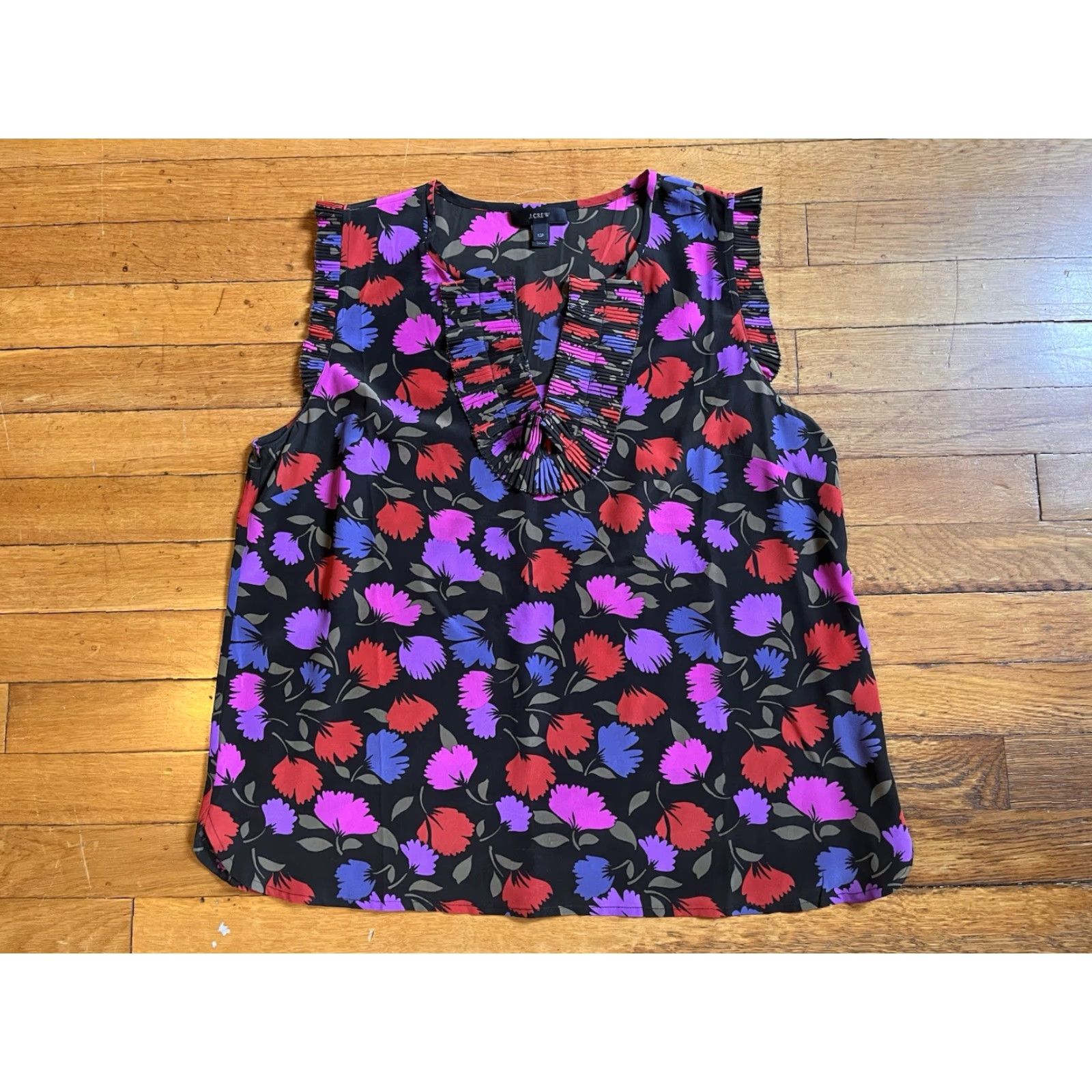 J.Crew J Crew Painted Pansy Floral Ruffle Silk Blouse Women’s 12P Pink Purple Red Multicolor Floral Sleeveless V-Neck Blouse Size XL / US 12-14 / IT 48-50 - 2 Thumbnail