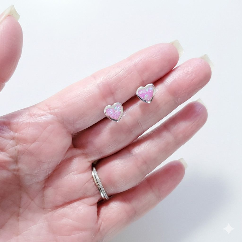 Other Opal Heart 925 Earrings Sterling Silver Pink Pierced Studs Size ONE SIZE - 7 Thumbnail