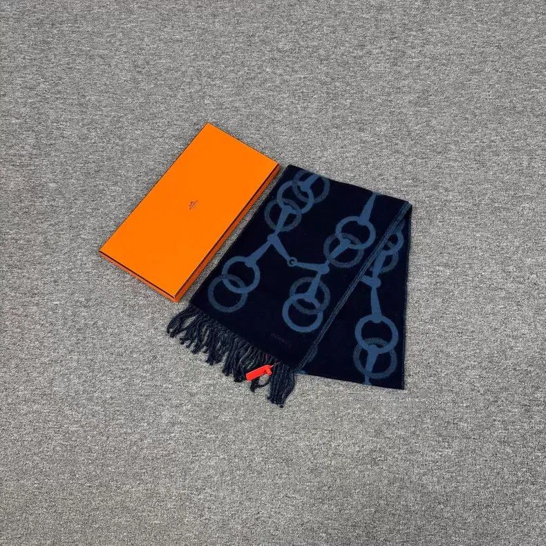 Hermes Hermes Navy Blue Horse-bit Pattern Cashmere Scarf Size ONE SIZE - 2 Thumbnail