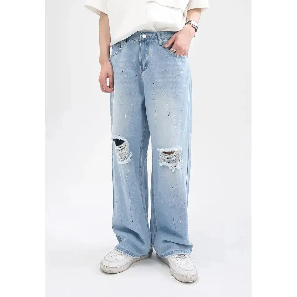Japanese Brand Retro loose straight tube splashed ink ripped jeans Size US 32 / EU 48 - 6 Thumbnail