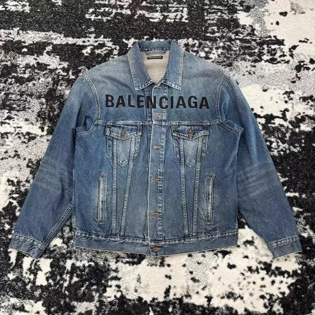 Balenciaga Denim Jacket Men's Chest Logo Distressed Blue