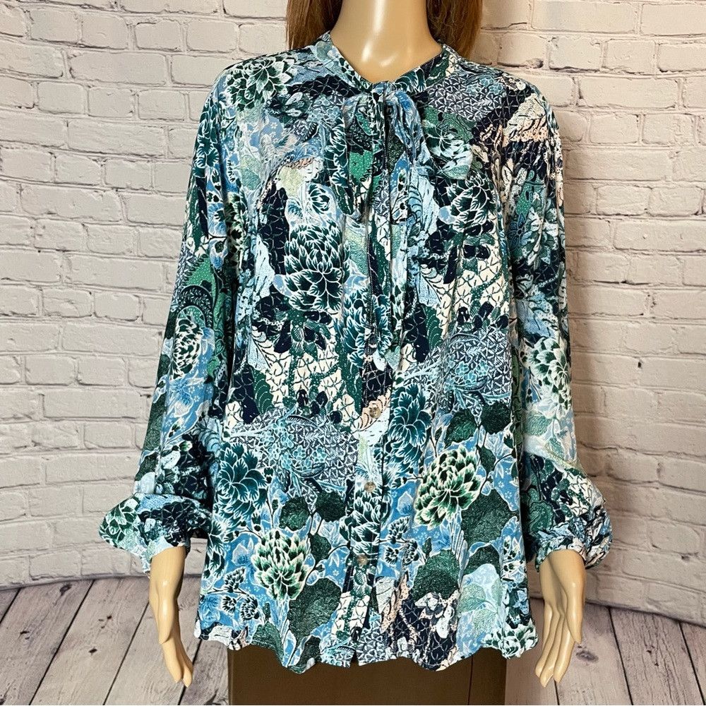 Other Terra & Sky Floral Long Sleeve Tie Neck Rayon Blouse Size 2 Size XXL / US 16-18 / IT 52-54 - 9 Thumbnail