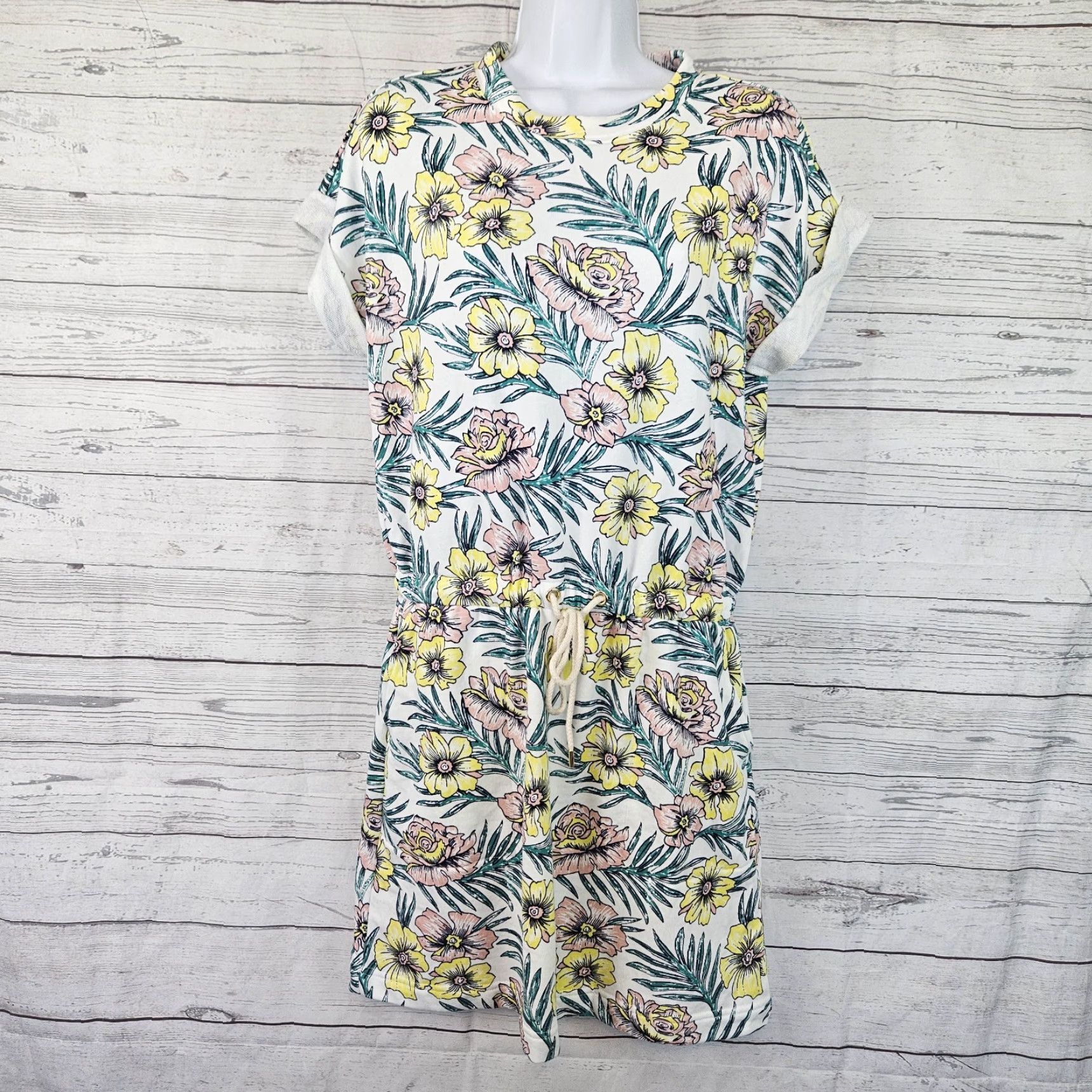 Lou & Grey Lou & Grey Womens Dress Sz Small Pink Yellow Floral Pockets Drawstring Waist Short Sleeve Round Neck Pullover Cotton Blend Shift Vintage No Size S / US 4 / IT 40 - 2 Thumbnail