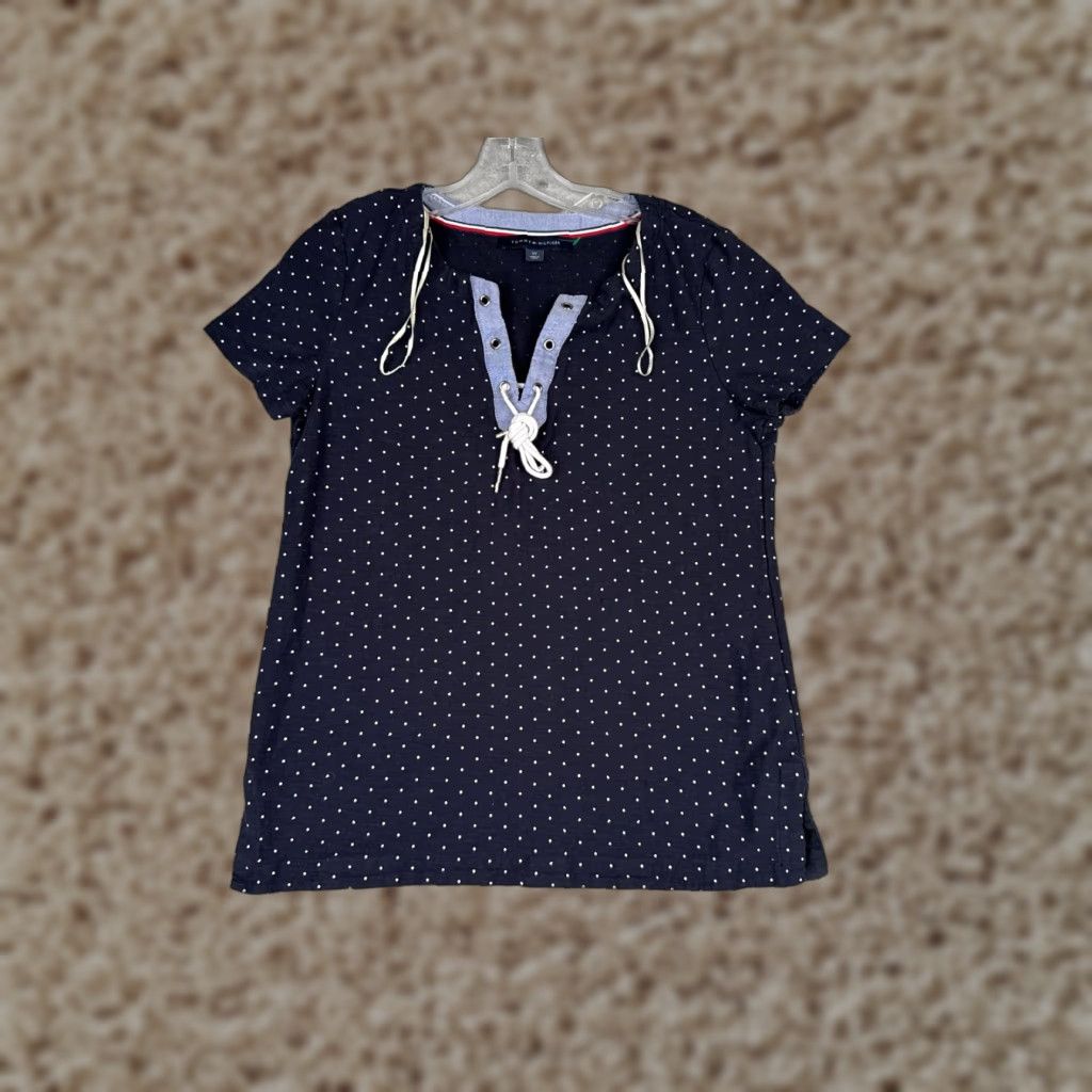 Tommy Hilfiger Tommy Hilfiger Shirt Women Small Blue Polka Dot V-Neck Lace Short Sleeve Cotton Size S / US 4 / IT 40 - 1 Thumbnail