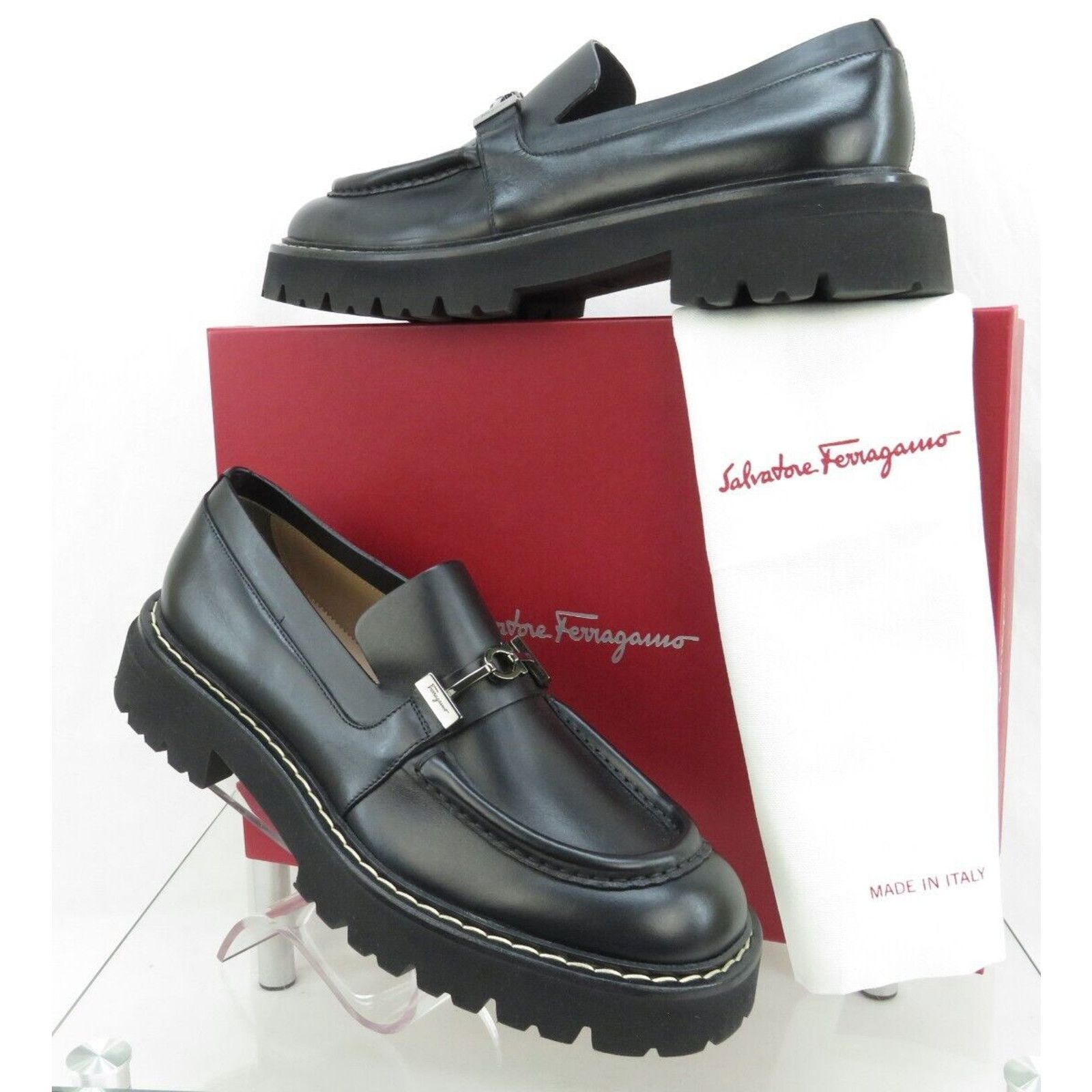 Salvatore Ferragamo FERRAGAMO IGNAZIO BLACK LEATHER GANCINI LUG LOAFERS 11.5 M Size US 11.5 / EU 44-45 - 4 Thumbnail