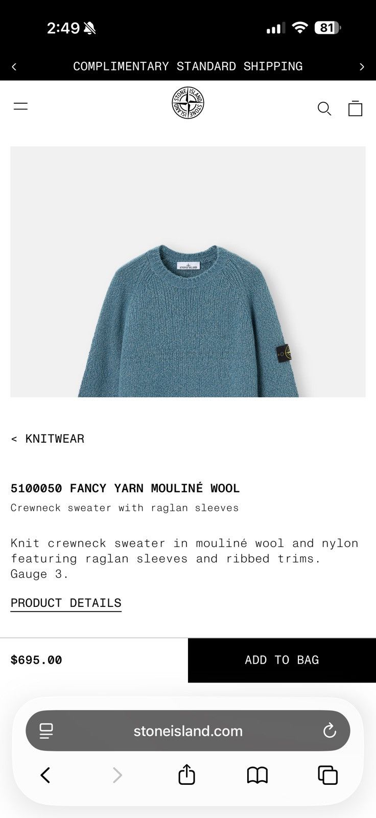 Stone Island Fancy yarn mouline wool sweater with raglan sleeves Size US M / EU 48-50 / 2 - 7 Thumbnail