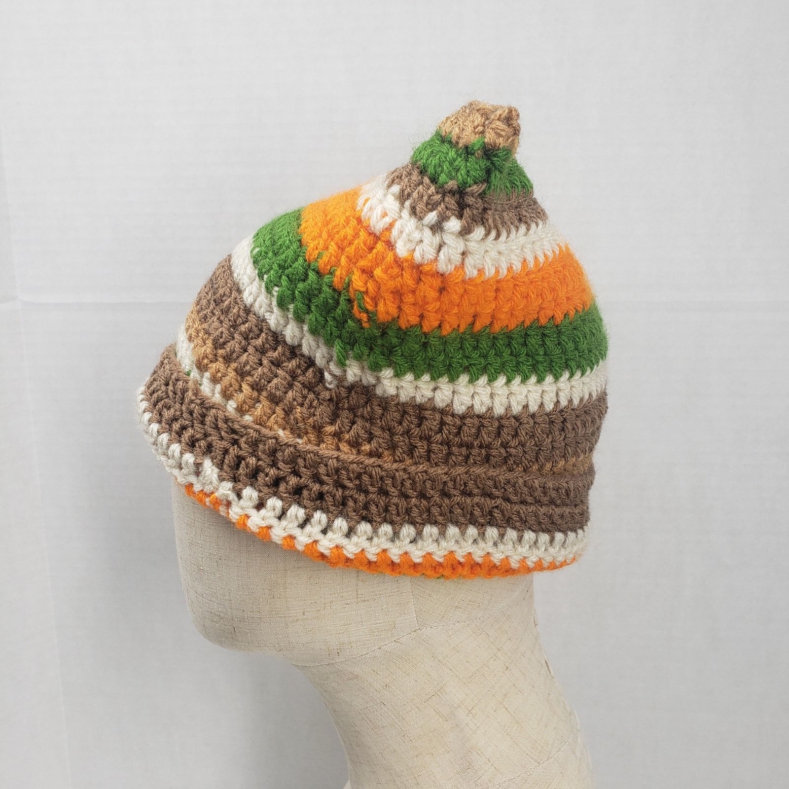 Handmade Cat Ear Beanie Crochet Hat Brown Green Stripe Handmade Knit Size ONE SIZE - 2 Thumbnail