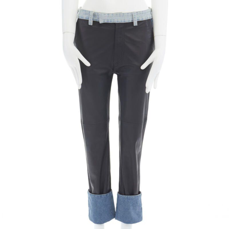 Maison Margiela new MAISON MARGIELA black leather blue denim trim cuffed jeans pants IT38 XS Size 26" / US 2 / IT 38 - 1 Thumbnail