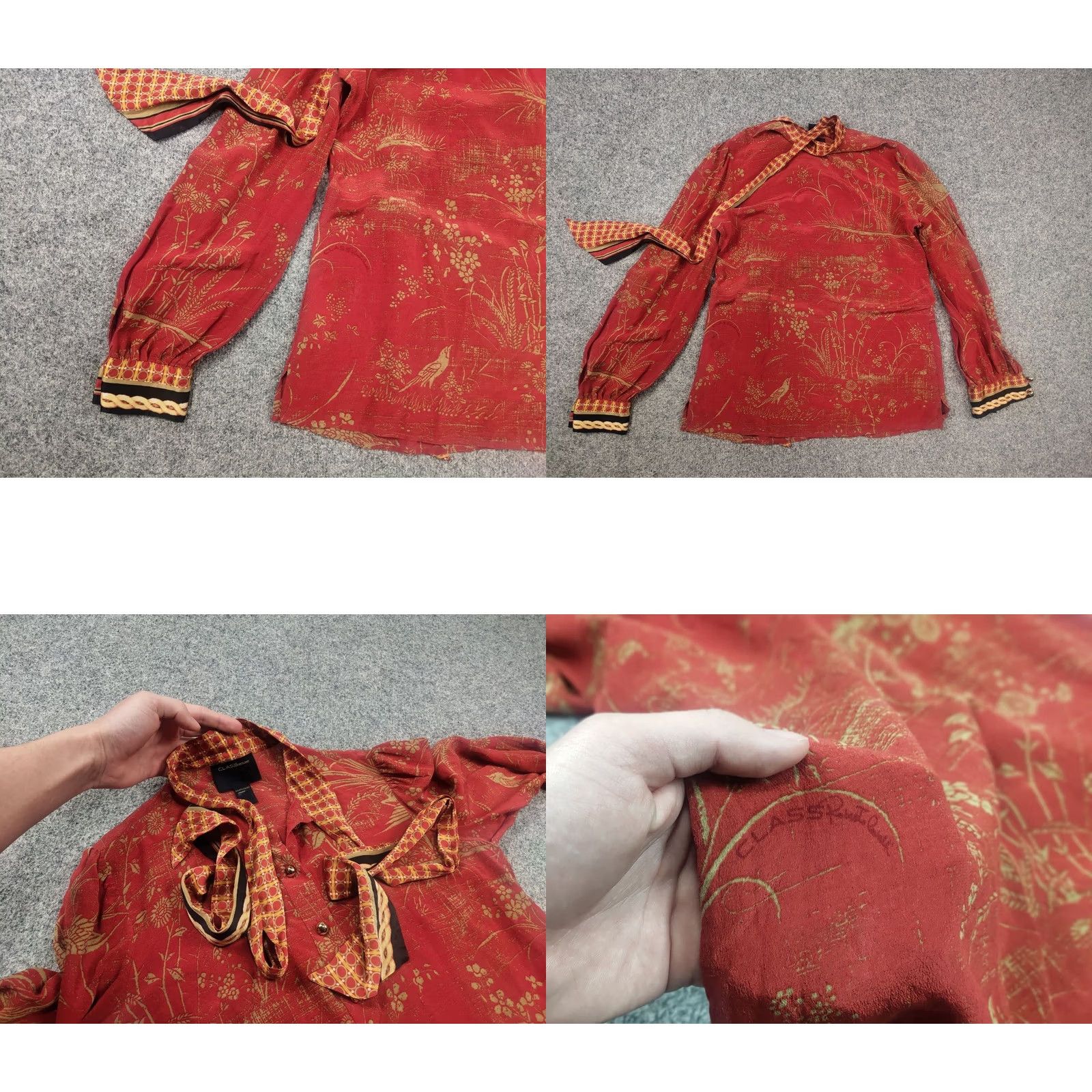 Roberto Cavalli Roberto Cavalli Silk Blouse XL Red Floral Pattern Collared Tie Long Sleeve - Womens - Silk - 90s City Designer Theme - Regular Fit - Dry Clean Only Size XL / US 12-14 / IT 48-50 - 9 Thumbnail