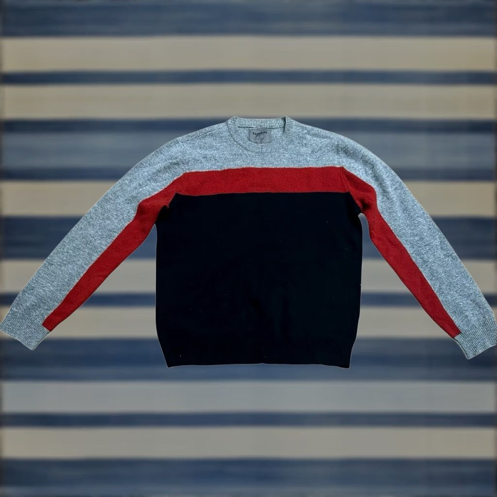 Express Express Black - Red 100% Lambs Wool Men XL Pullover Long Sleeve Sweater Shirt Knit Logo Pattern Striped Cable Woolen Crew Neck Fall Winter Mens Size US XL / EU 56 / 4 - 1 Thumbnail