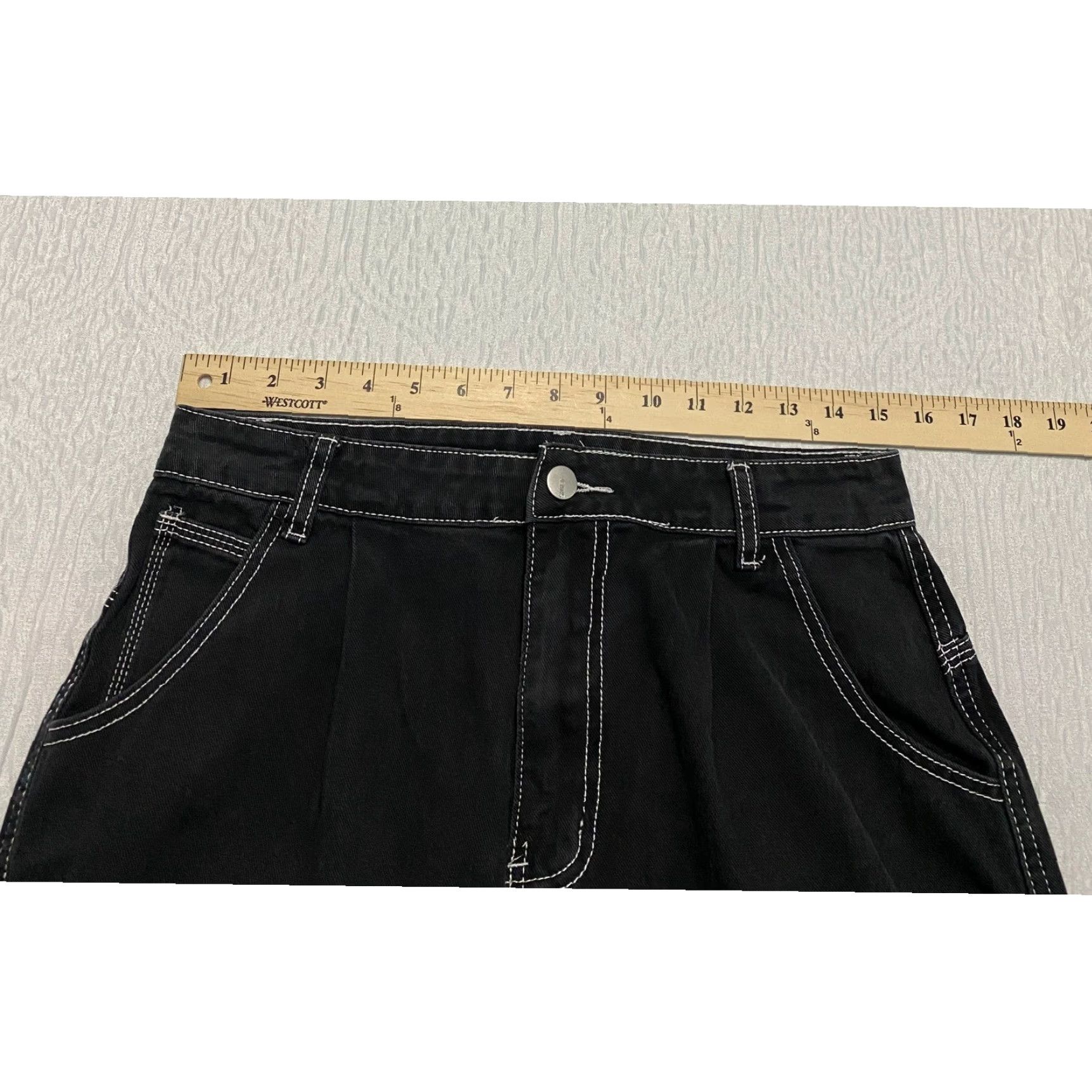 Shein SHEIN Cargo Pants Womens L Black Twill Cotton Blend Contrast Stitching Pockets Streetwear Y2K Casual Baggy Straight Front Logo Strap Size 36" / US 14 / IT 50 - 7 Thumbnail