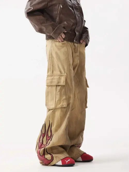 Japanese Brand × Jean Flame Embroidery Wide Leg Dirty Jean Size US 35 - 2 Thumbnail