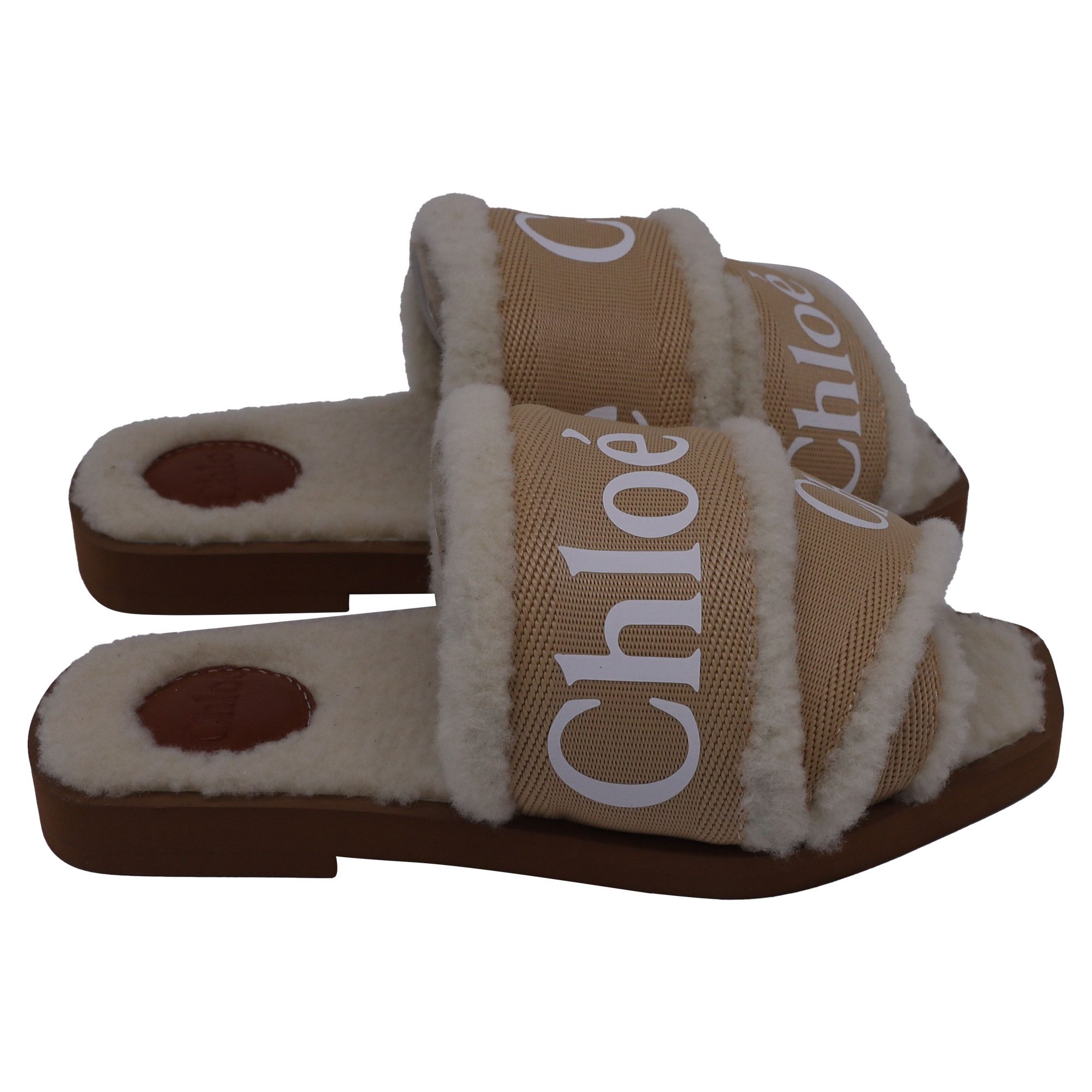 Chloe Chloe Woody Shearling Flat Slides in Beige Canvas Size US 5 / IT 35 - 1 Thumbnail