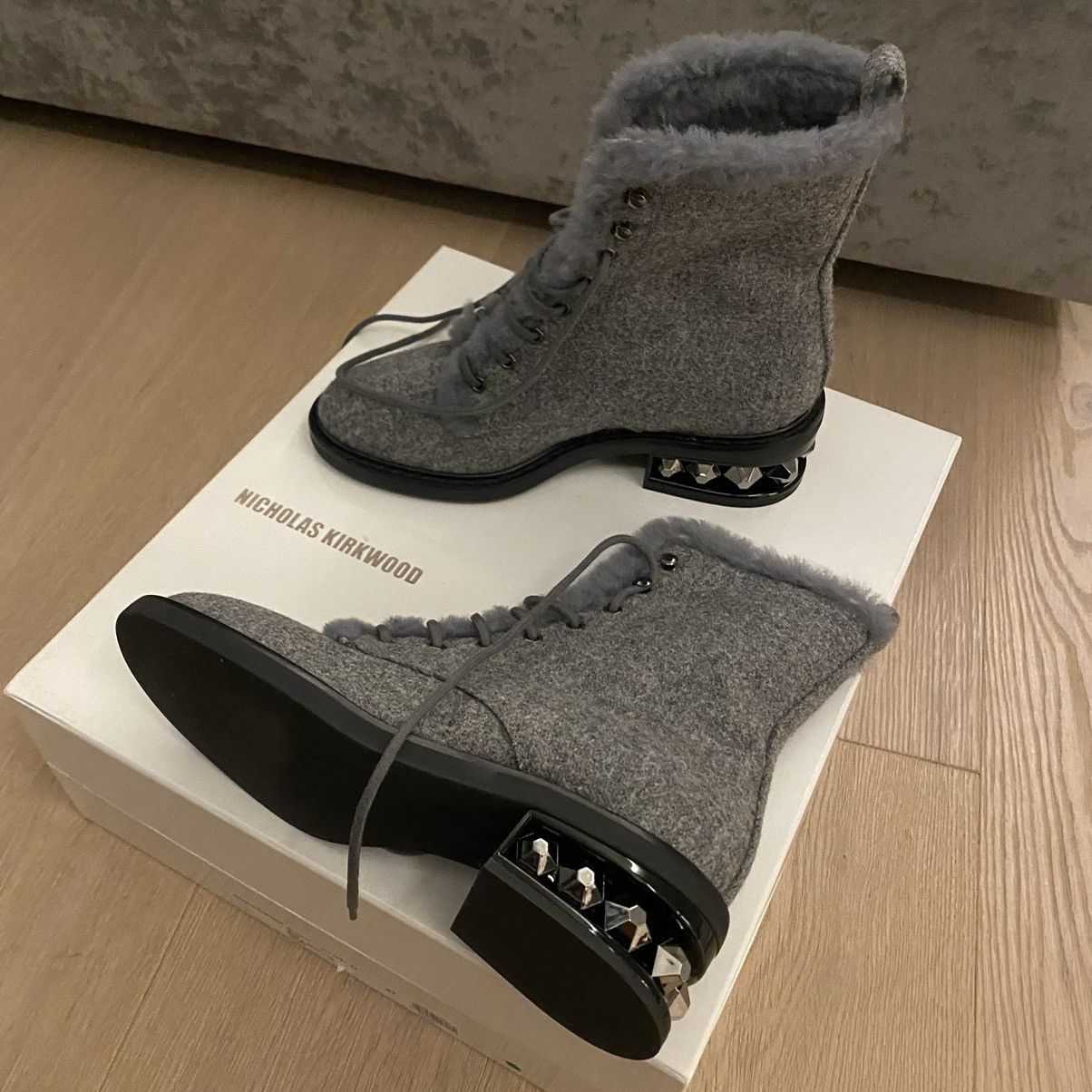 image of Nicholas Kirkwood Suzi Shearling Combat Boots in Grey, Women's (Size 7)