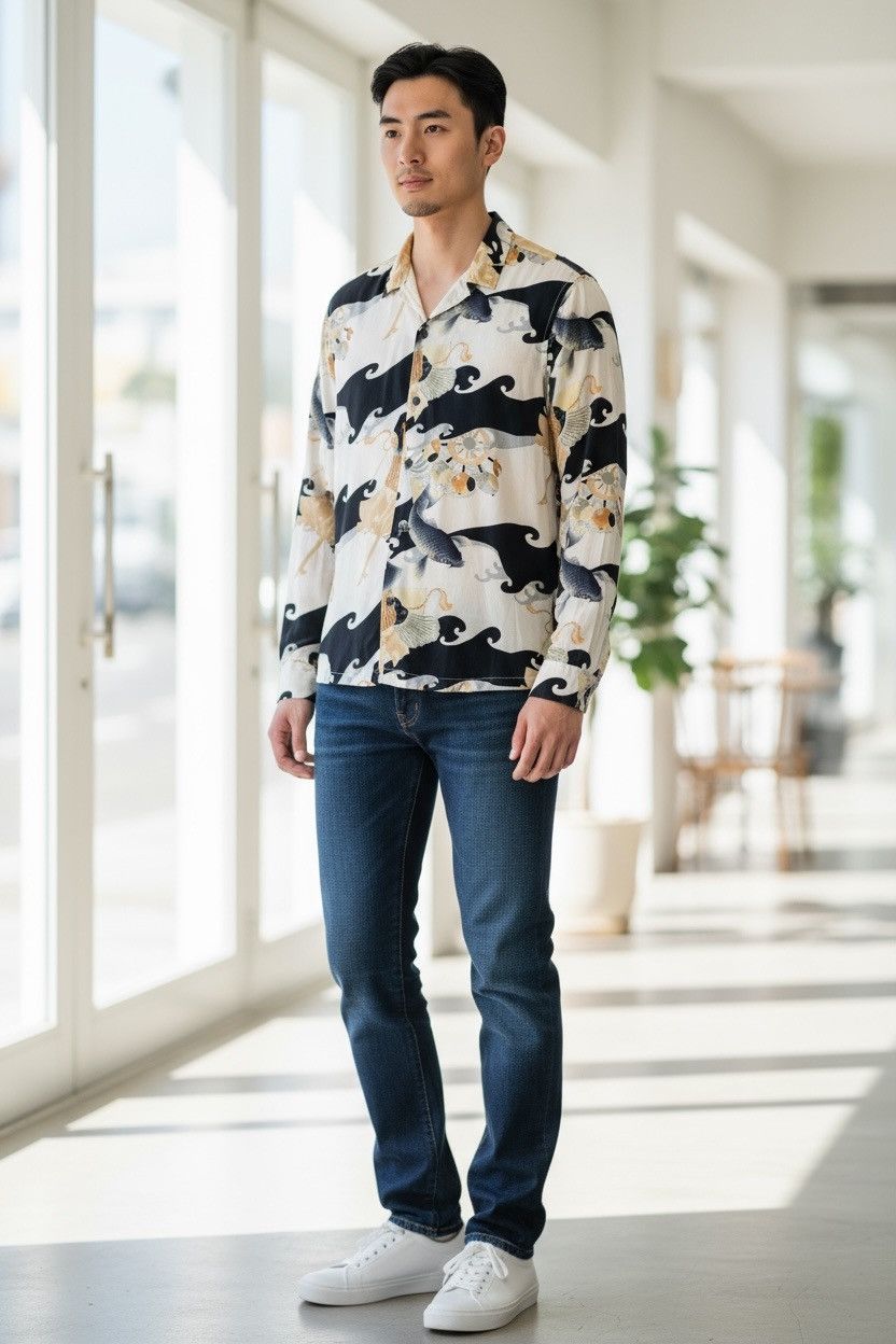 Allsaints All Saint Viscose Rayon Japanese Koi Fish Open Collar Shirt Size US M / EU 48-50 / 2 - 2 Thumbnail