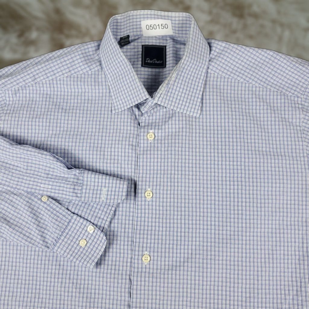 David Donahue VINTAGE David Donahue Dress Shirt Mens Size 17.5 Long Sleeve Plaid Blue 100% Cotton Business Casual Formal Wedding Size 46R - 1 Thumbnail