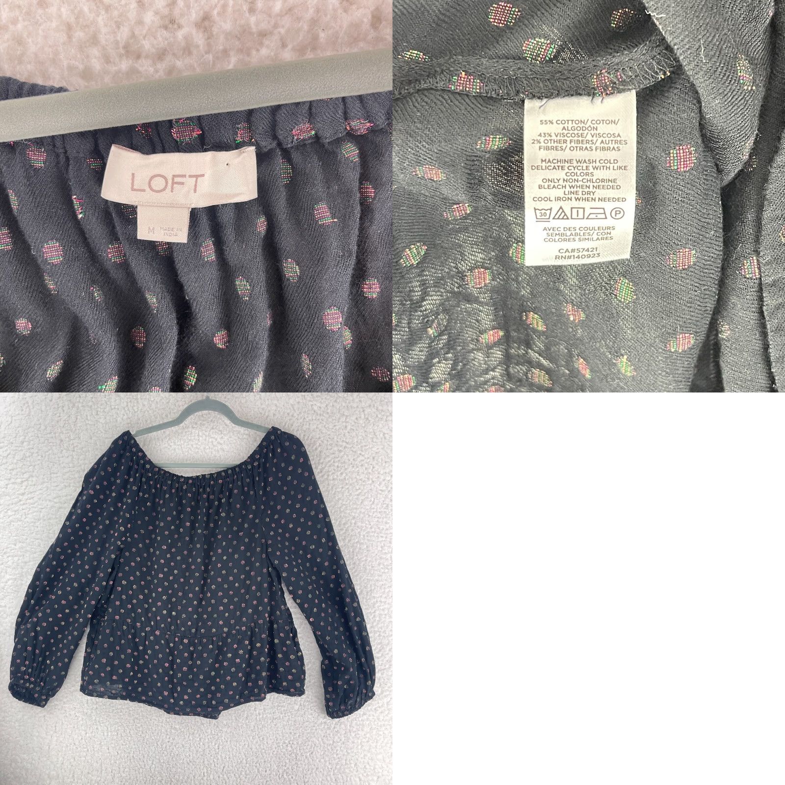 Loft LOFT Black Shimmer Dot Shirt Womens Square Neck Peplum Long Sleeve Medium Casual Size M / US 6-8 / IT 42-44 - 8 Thumbnail