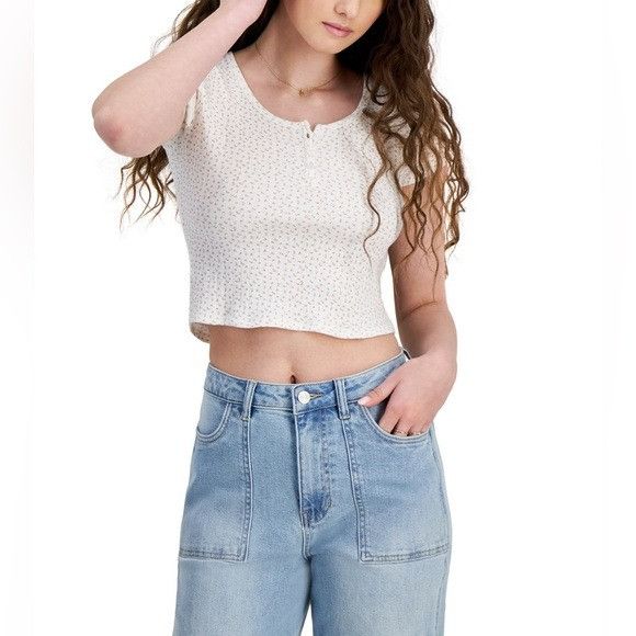 Other Womens White Floral Print Ribbed Crop Top With Button Detail Size L / US 10 / IT 46 - 1 Thumbnail