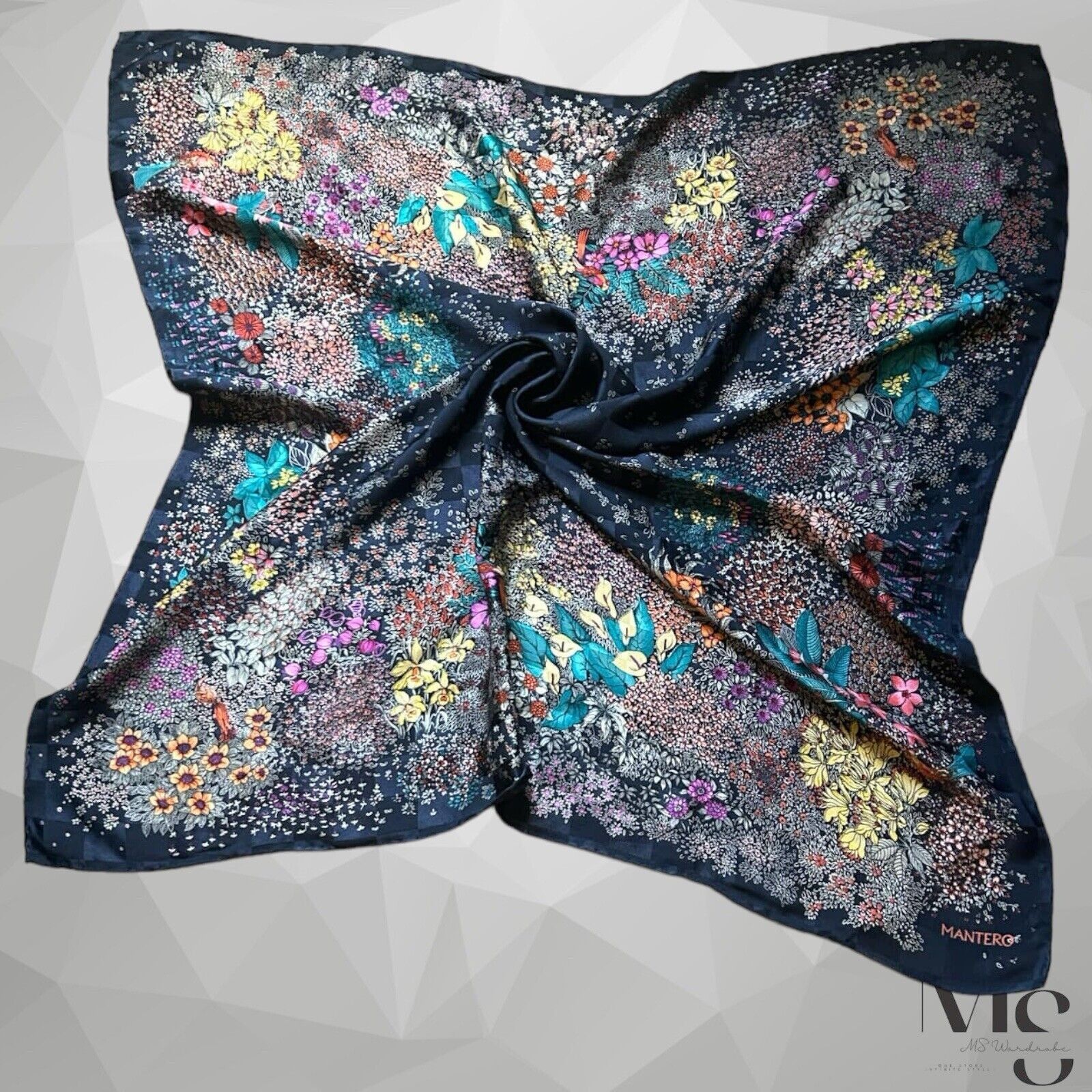 Other MANTERO Navy Blue Floral Silk Scarf 35" - 33.5´´ EX COND Size ONE SIZE - 2 Thumbnail