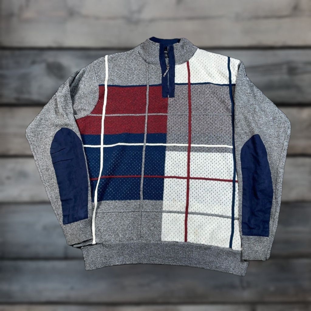 Vintage Montique Distressed Check Pattern Sweater 1/4-Zip Adult XL Gray Acrylic Rayon Knit Mens Size US XL / EU 56 / 4 - 1 Thumbnail