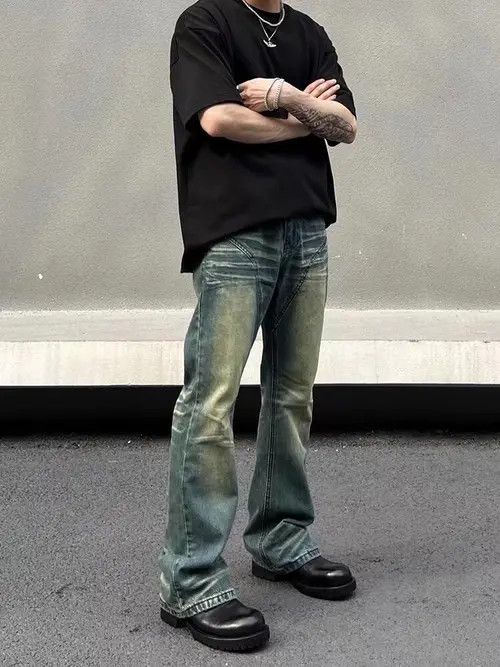Japanese Brand × Jean Vintage washed yellow mud patchwork micro-flared jeans Size US 32 / EU 48 - 2 Thumbnail