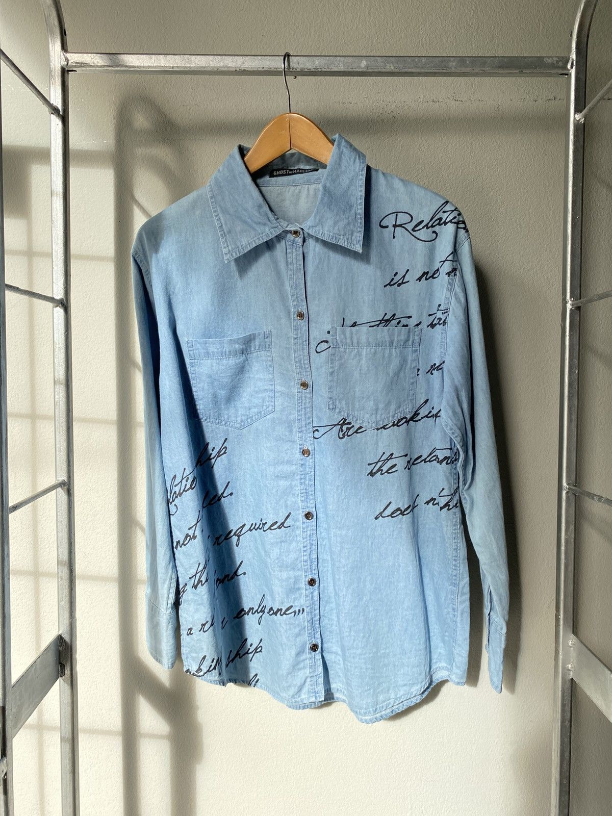 Designer GHOST OF HARLEM Light Blue Script Denim Shirt Size US L / EU 52-54 / 3 - 10 Thumbnail
