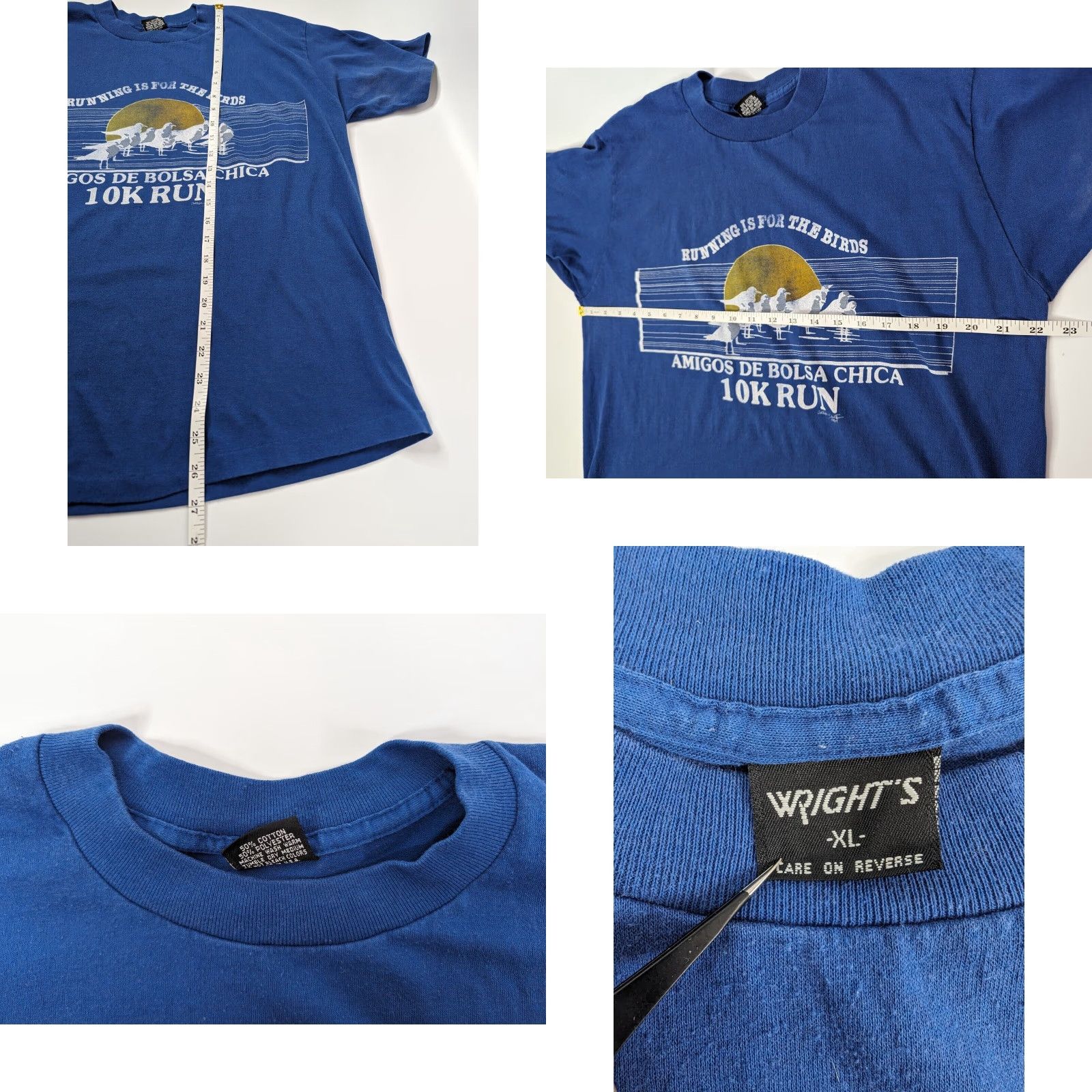 Vintage VINTAGE Wright's T-Shirt Adult XL 80s Blue Short Sleeve Crew Neck Polyester Jersey Graphic Print Birds Run 10k Men Size US XL / EU 56 / 4 - 8 Thumbnail