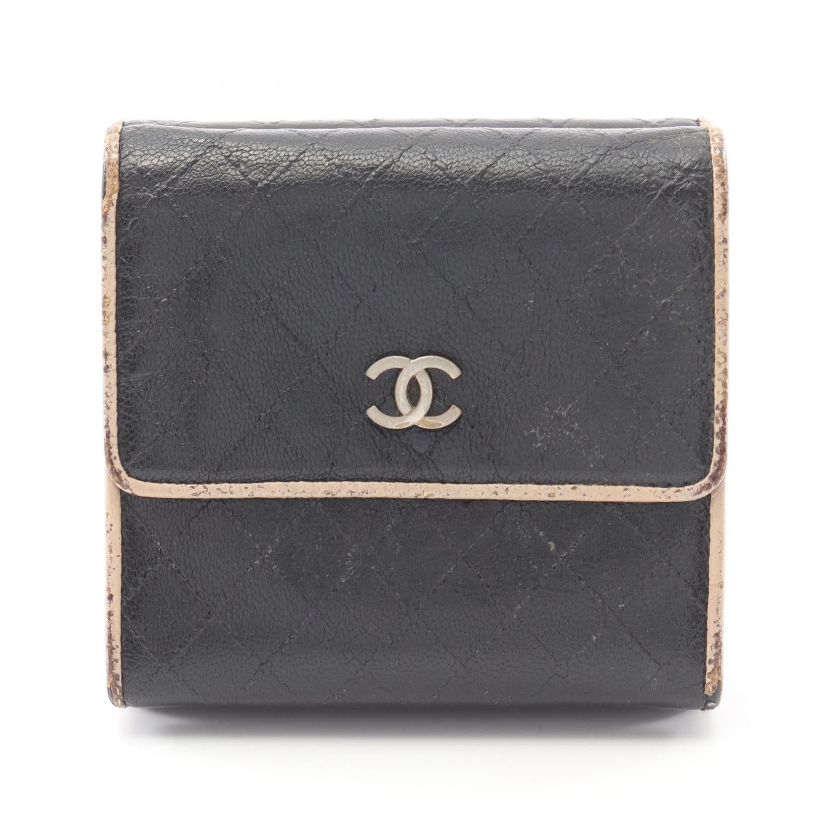 Chanel Chanel Coco Mark Stitch Embossing Double Hook Wallet Bi-Fold Leather Black Silver Hardware Size ONE SIZE - 1 Thumbnail
